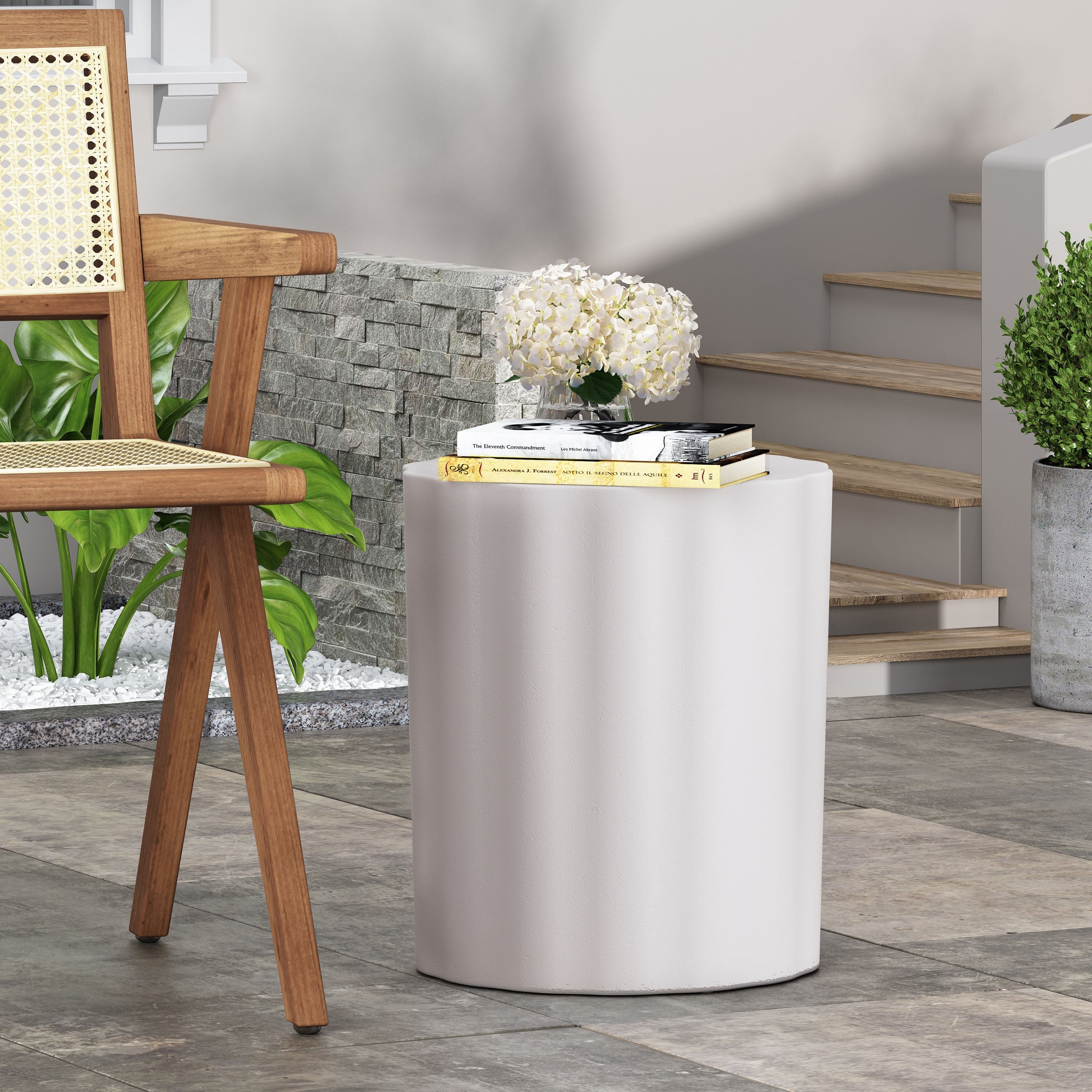 Outdoor Antique White LightWeight Concrete Side Table