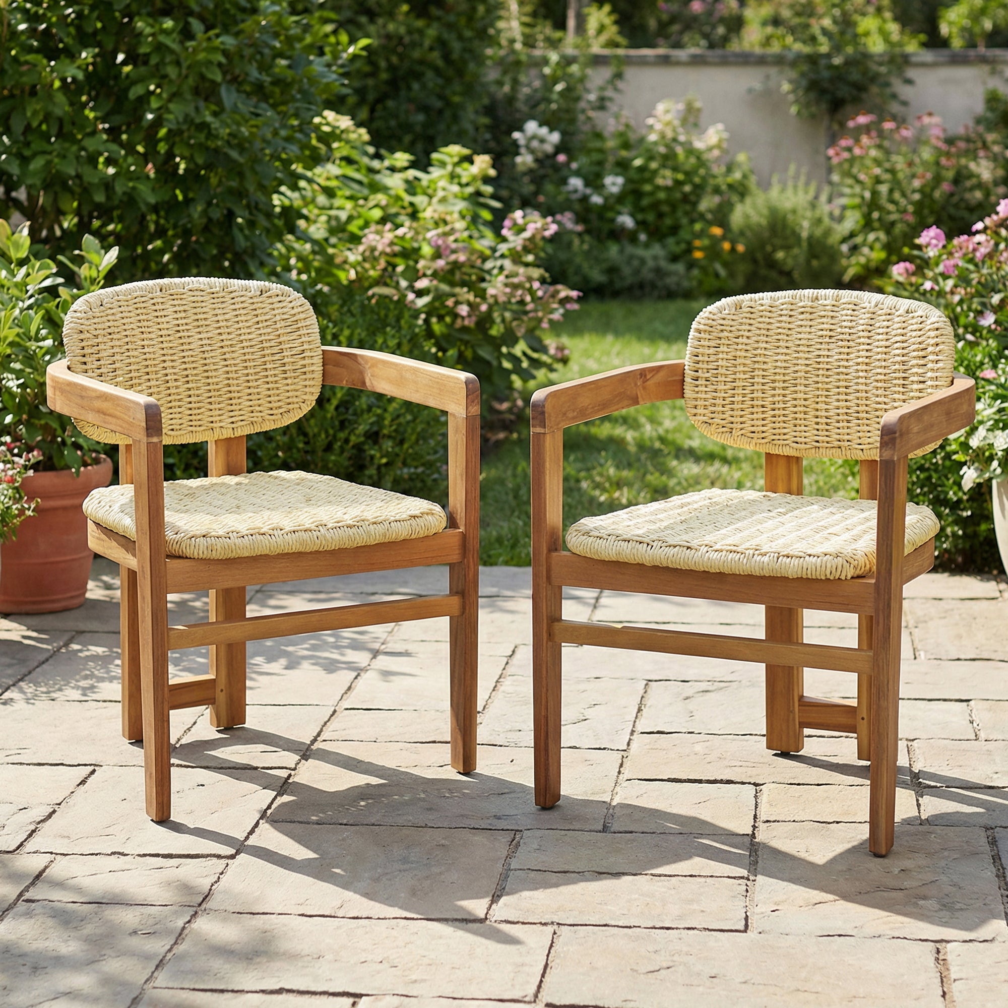 2-seat Woven Outdoor Chairs, Comfy Patio Seating with Elegant Teak Finish