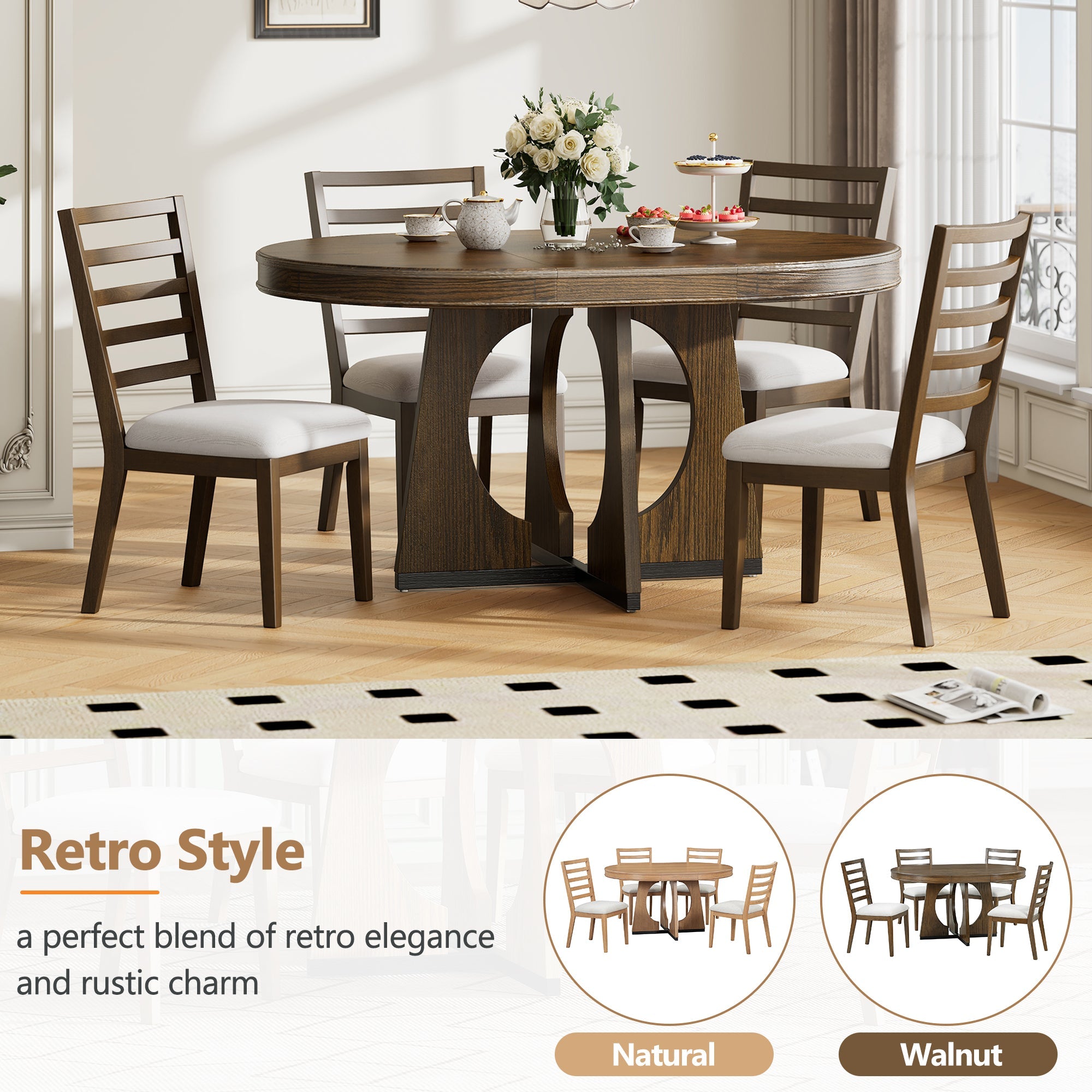 5-Piece Retro Extendable Dining Table Set with 16" Removable Leaf
