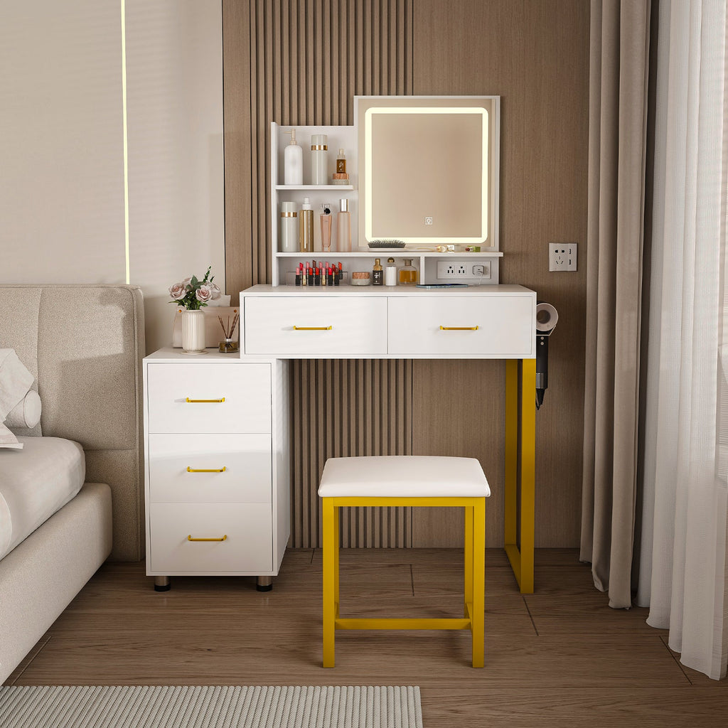 Elegant Makeup Vanity with LED Lights and Power Outlet