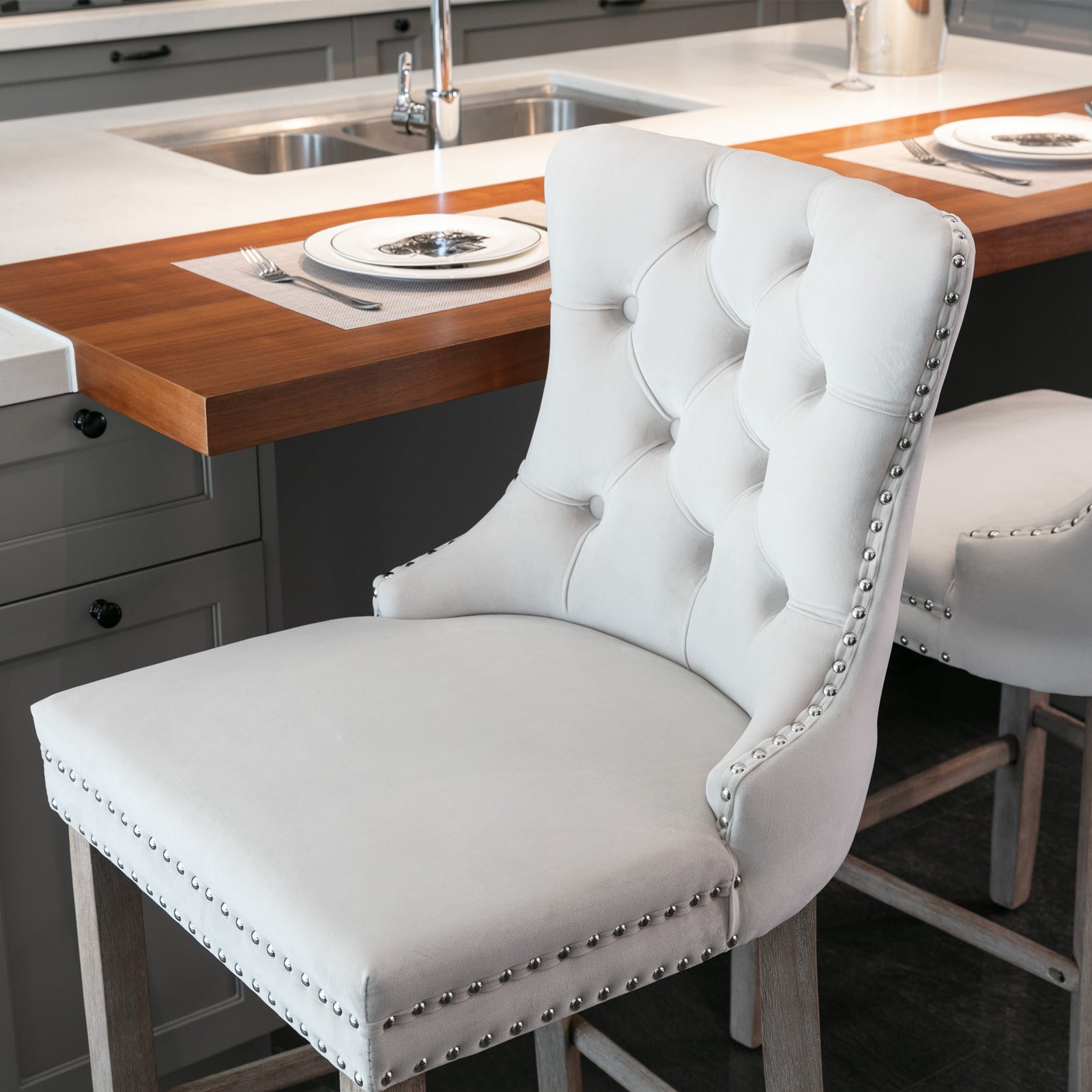 Contemporary Velvet Upholstered Barstools with Button Tufted Decoration (Set of 2)
