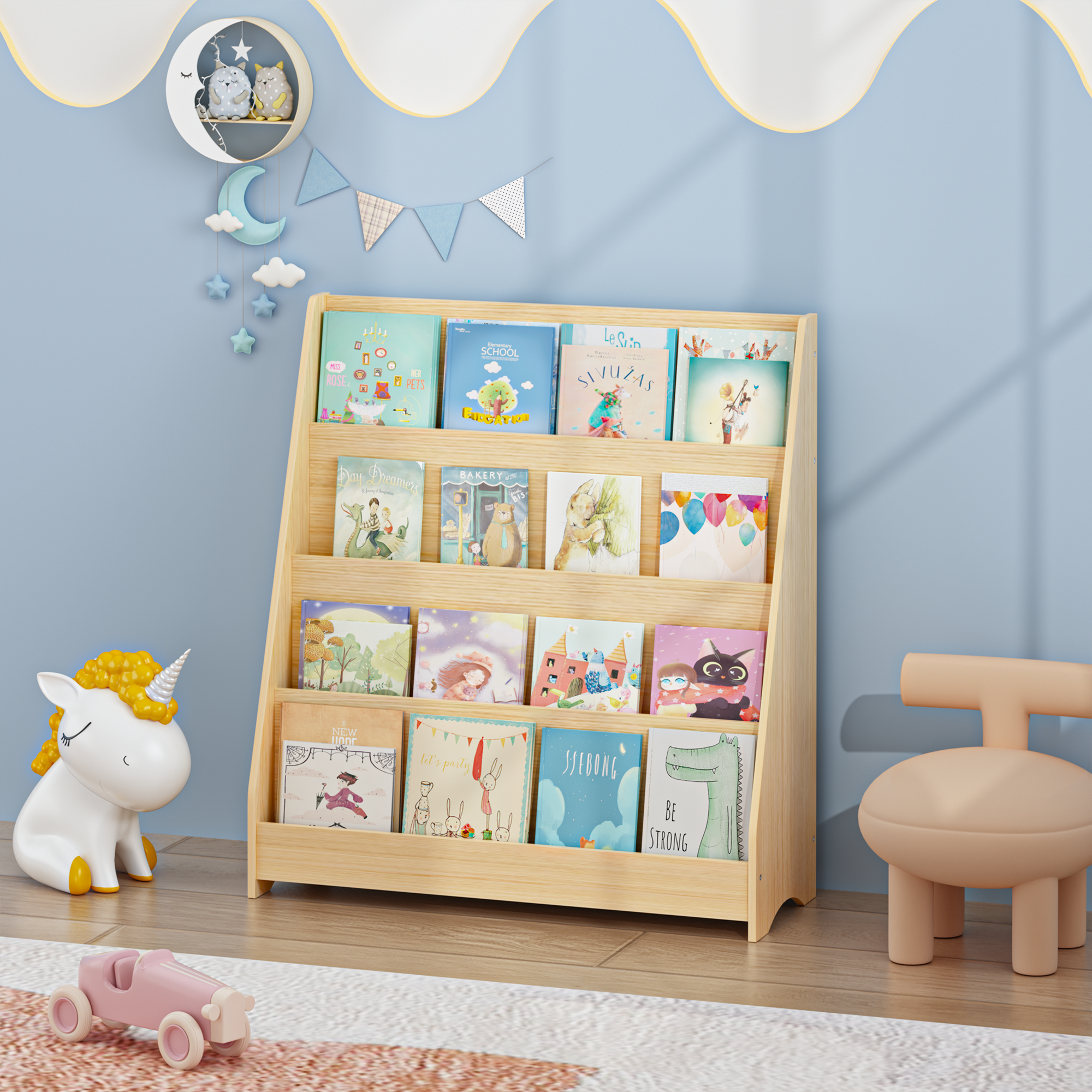 4-Tier MDF Toddler Book Display Shelves Kids Bookshelf