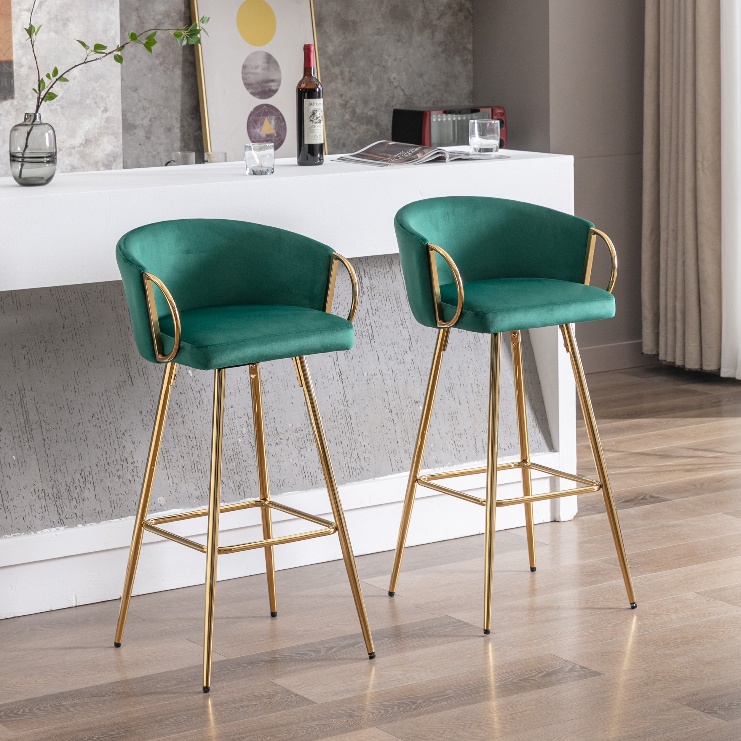 Velvet Bar Stools with Chrome Footrest and Base（Set of 2)
