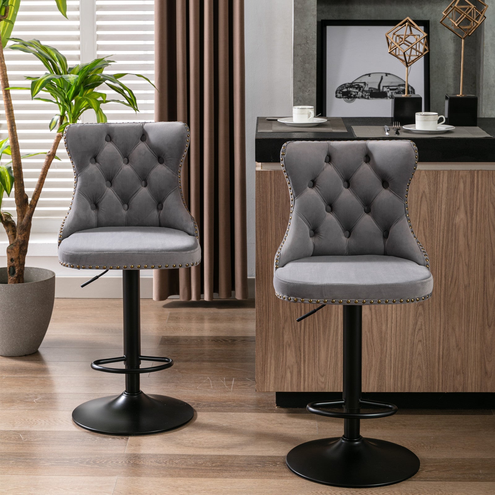 Modern Swivel Velvet Barstools Adjusatble Seat (Set of 2)