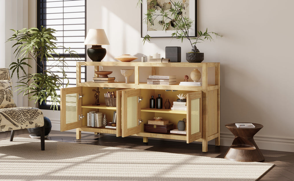 Bohemian Style Rattan Storage Cabinet with 3-position Adjustable Shelves