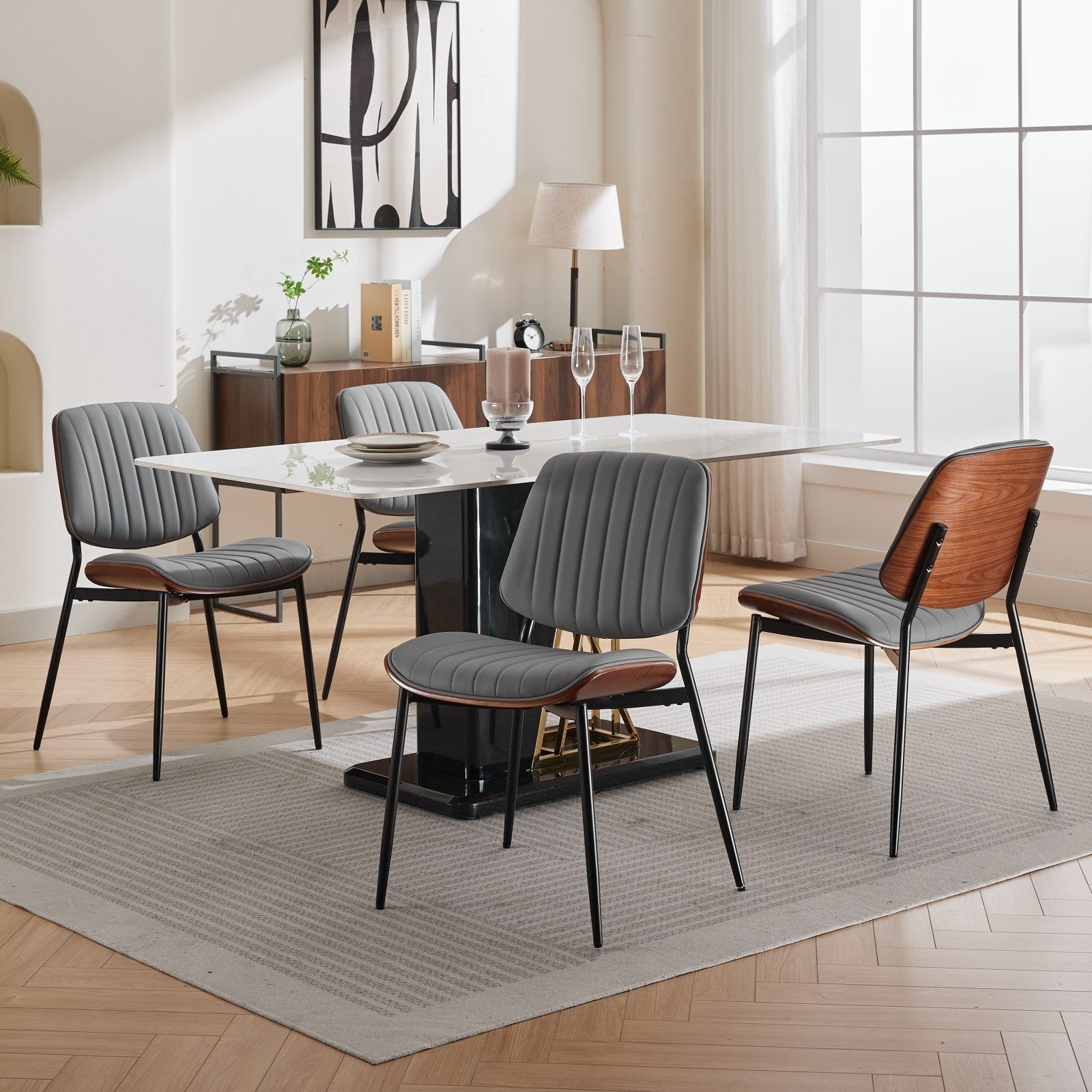 Mid Century Modern Retro Faux Leather Dining Chairs with Walnut Bentwood (Set of 2)