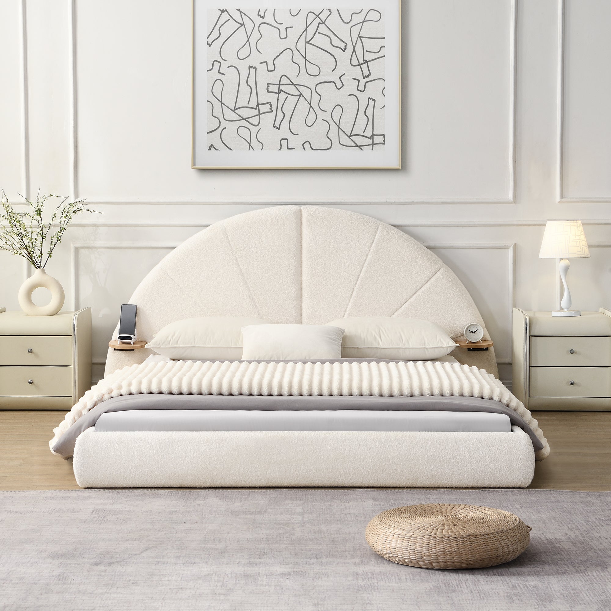 Unique Arched Boucle Bed with Small Table