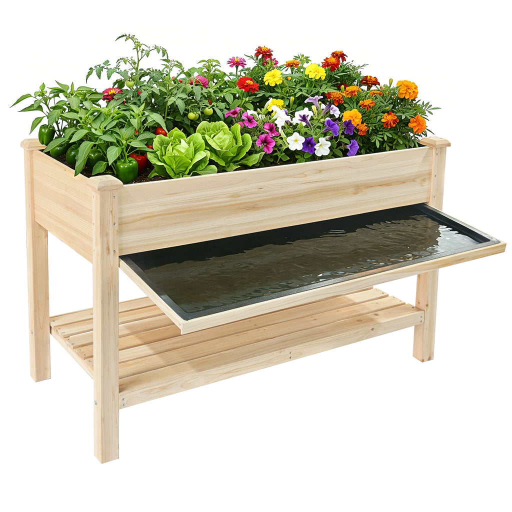 Outdoor Raised Garden Bed 48"x23"x31" with Water Tray, Storage Shelf & Protective Liner