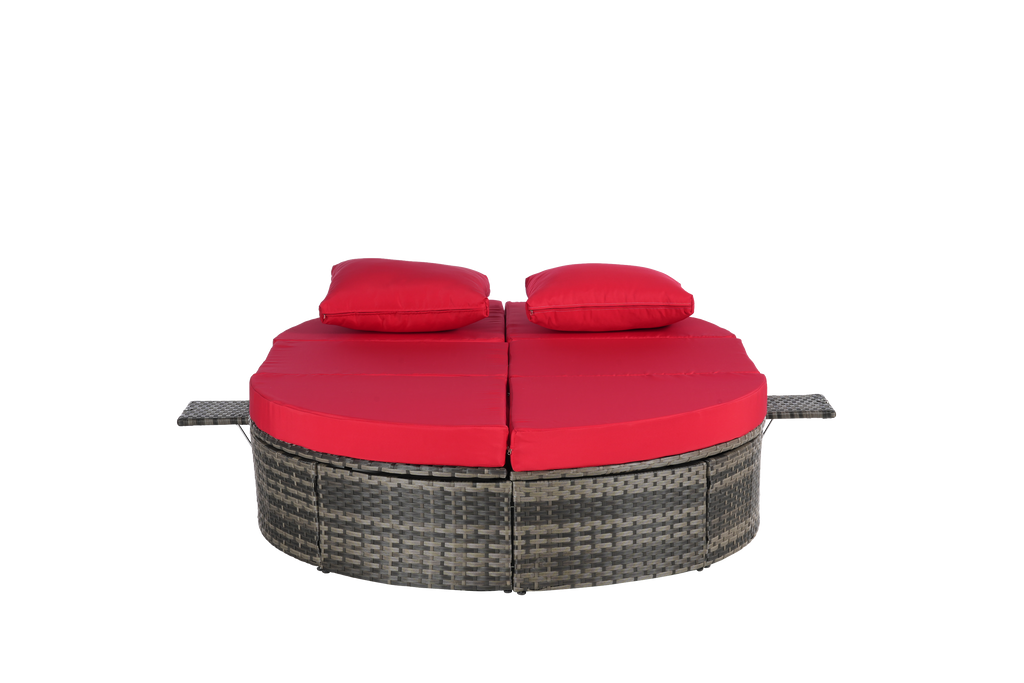 Round outdoor patio daybed with adjustable backrests foldable cup trays and cushioned wicker design ideal for backyard and poolside lounging