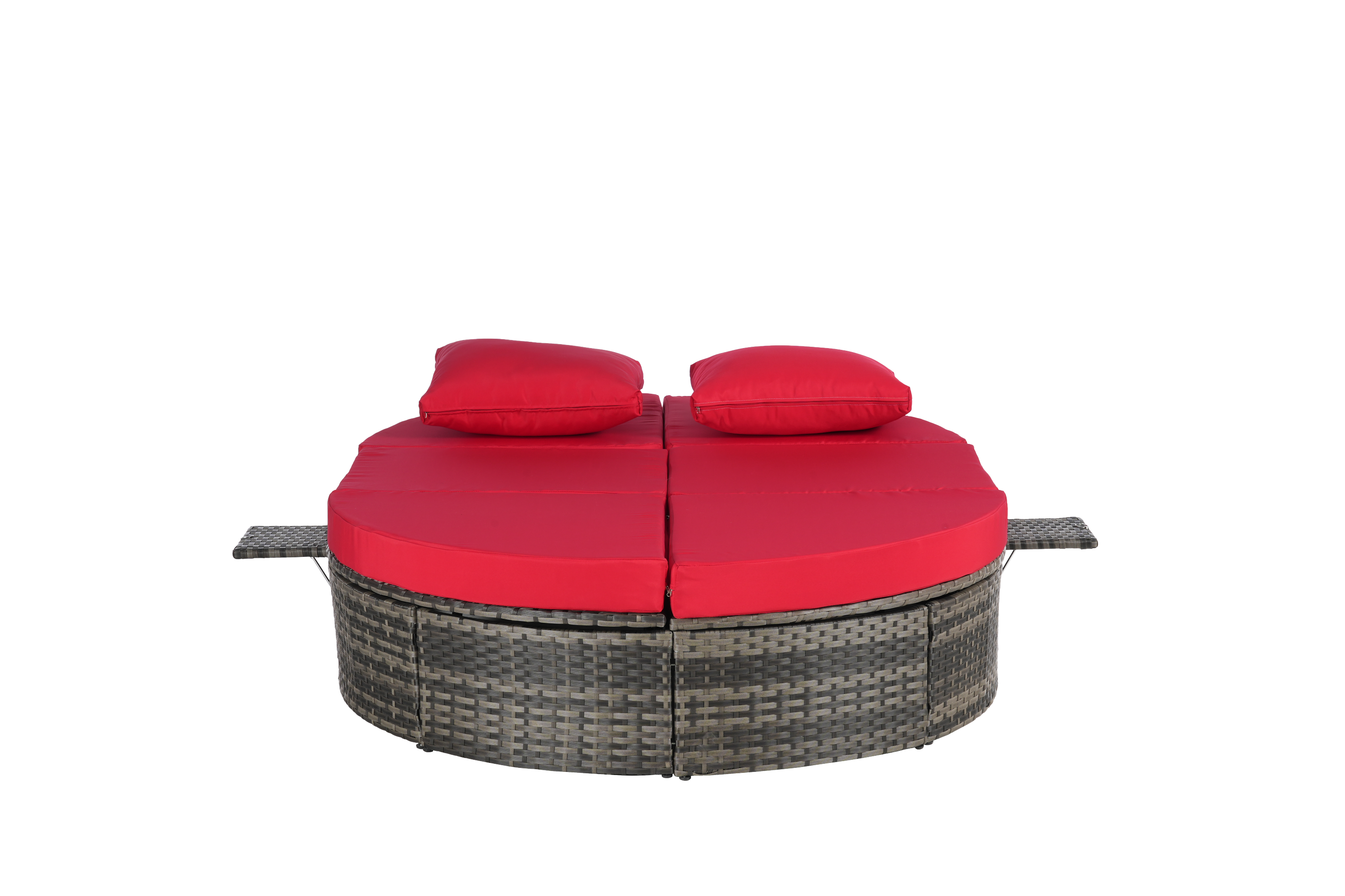 Round outdoor patio daybed with adjustable backrests foldable cup trays and cushioned wicker design ideal for backyard and poolside lounging