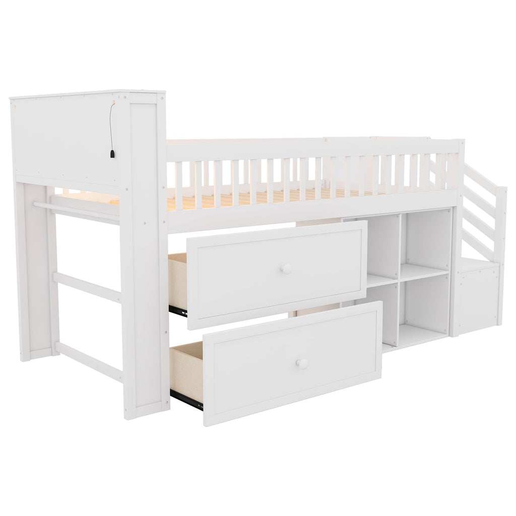 Twin Size Loft Bed with LED and Bookshelf