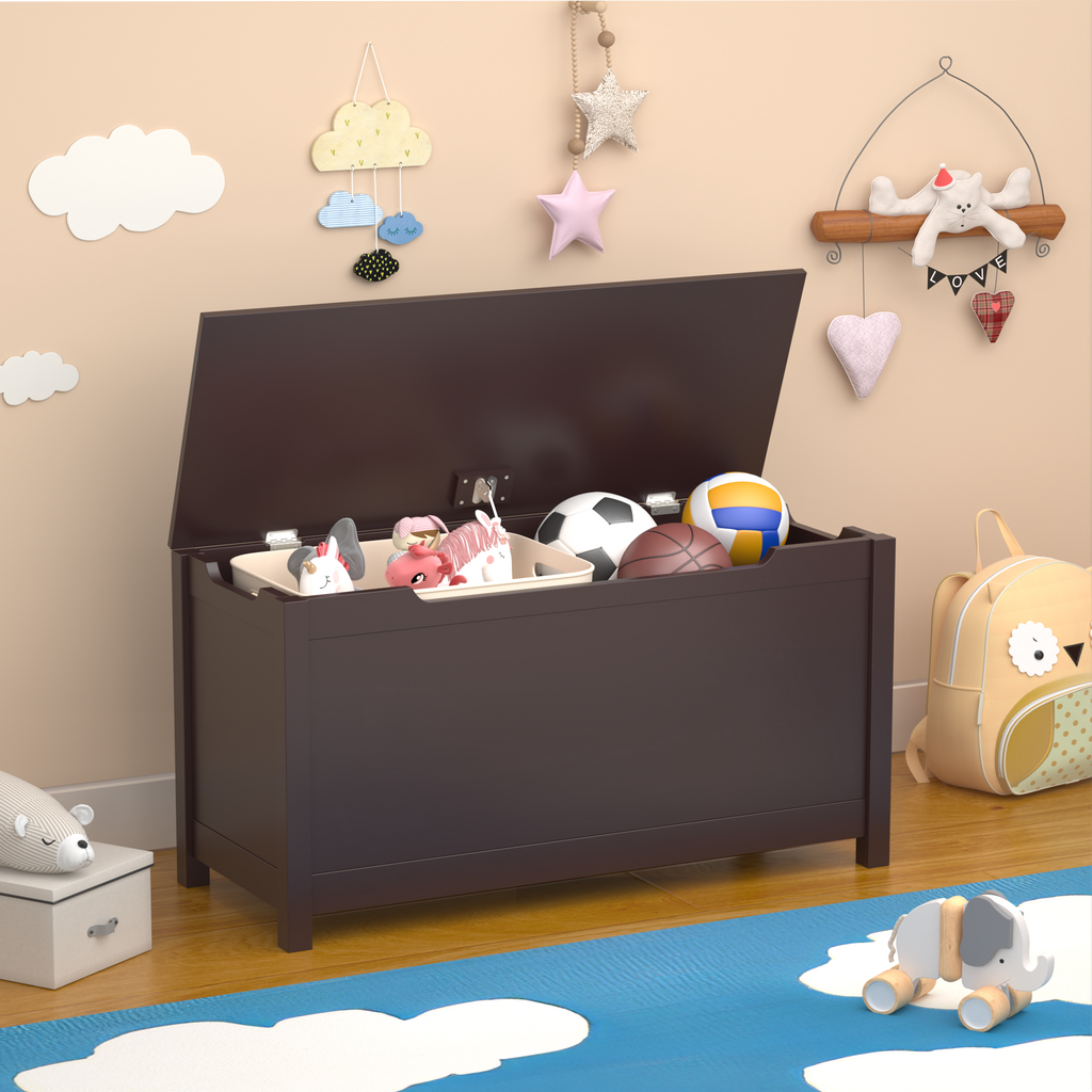 Kids Wooden Toy Box Storage with Safety Hinged Lid for Ages 2+