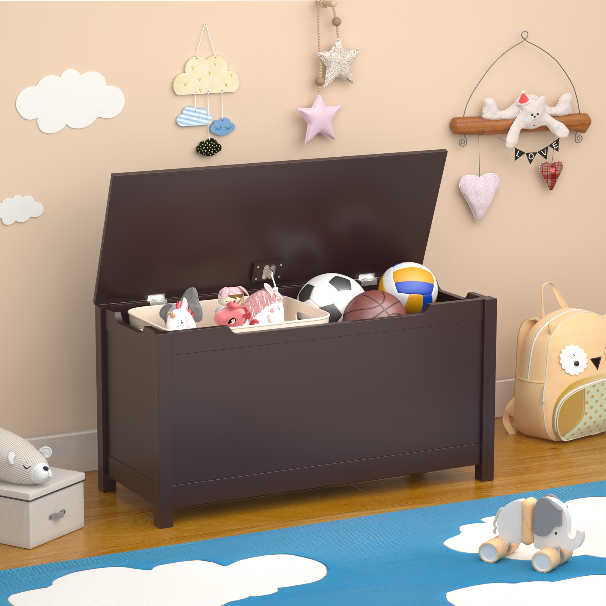 Kids Wooden Toy Box Storage with Safety Hinged Lid for Ages 2+