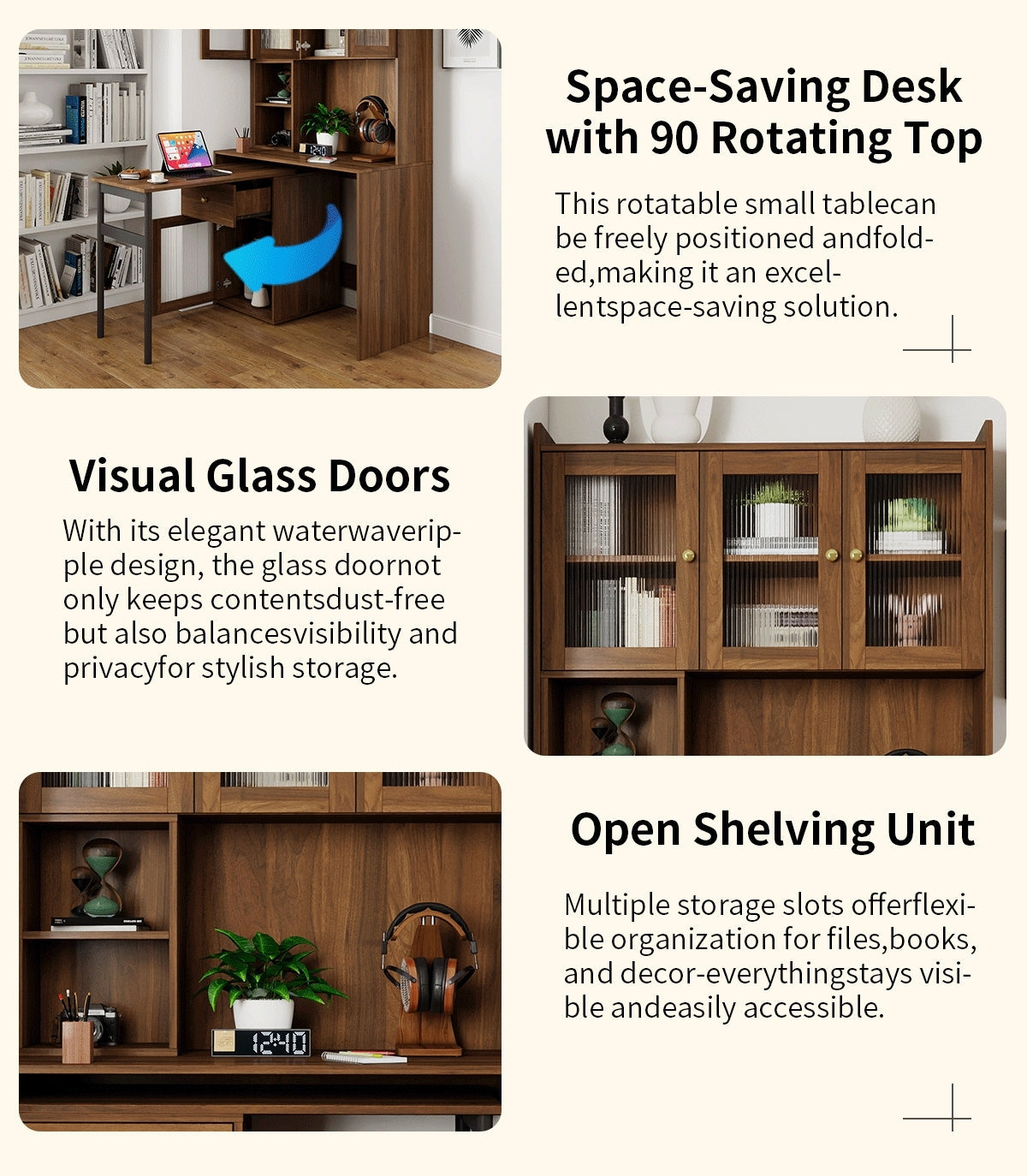 90 Degree Rotating Desktop Computer Desk with Glass Door for Home Office