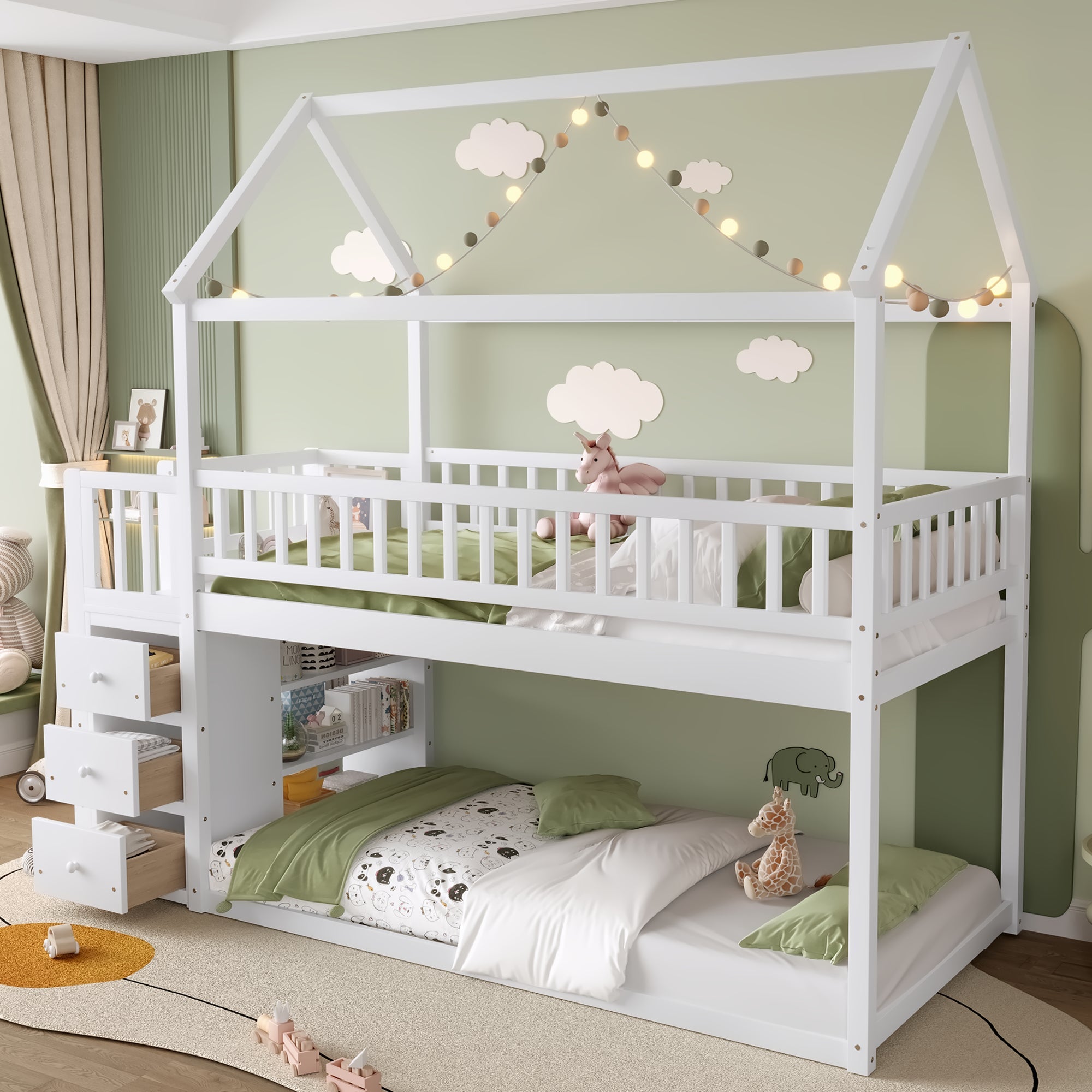 Twin House Bunk Bed with Shelves and Drawers