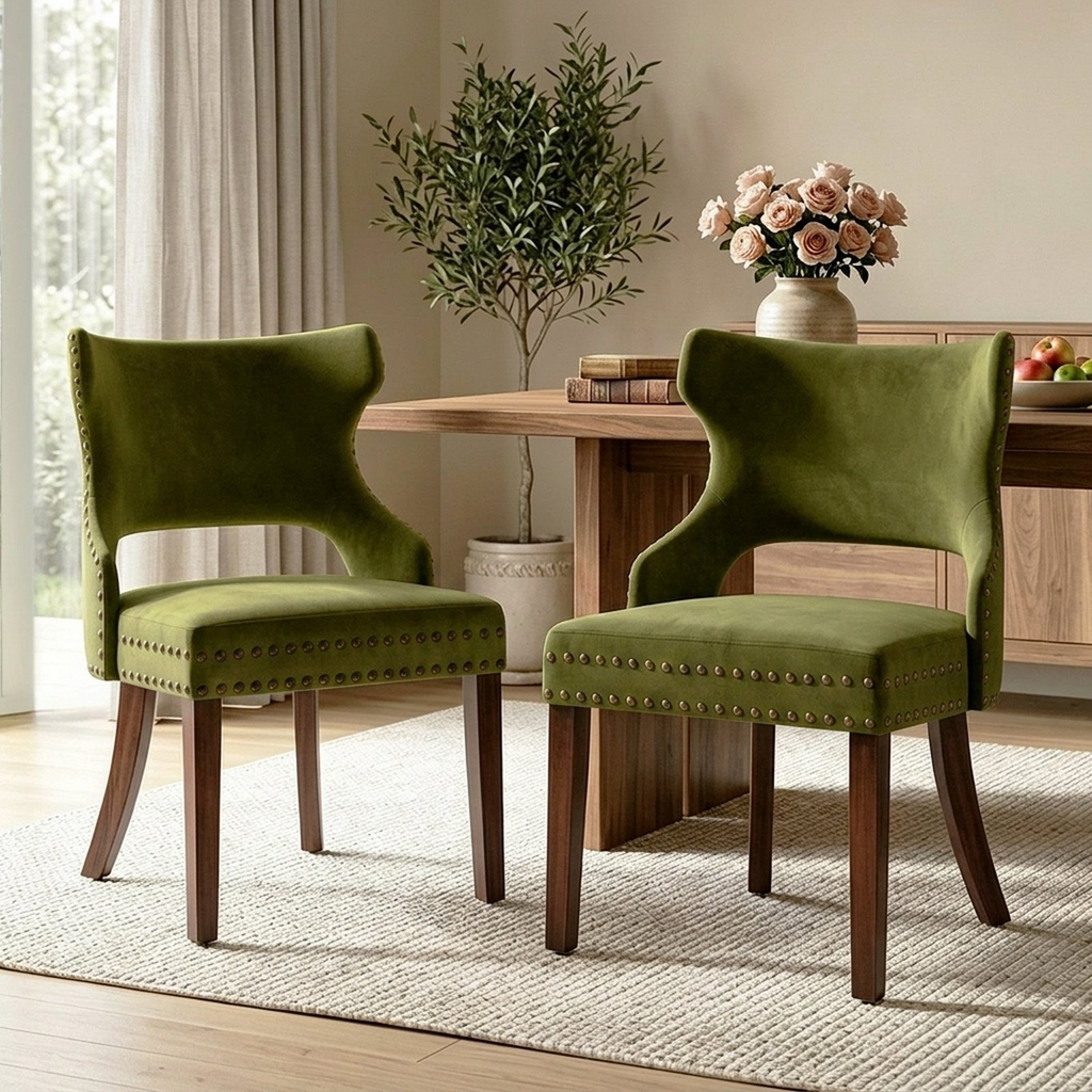 Firmoz Mid-Century Modern Upholstered Dining Chairs with Rubberwood Legs & Nailhead Trim