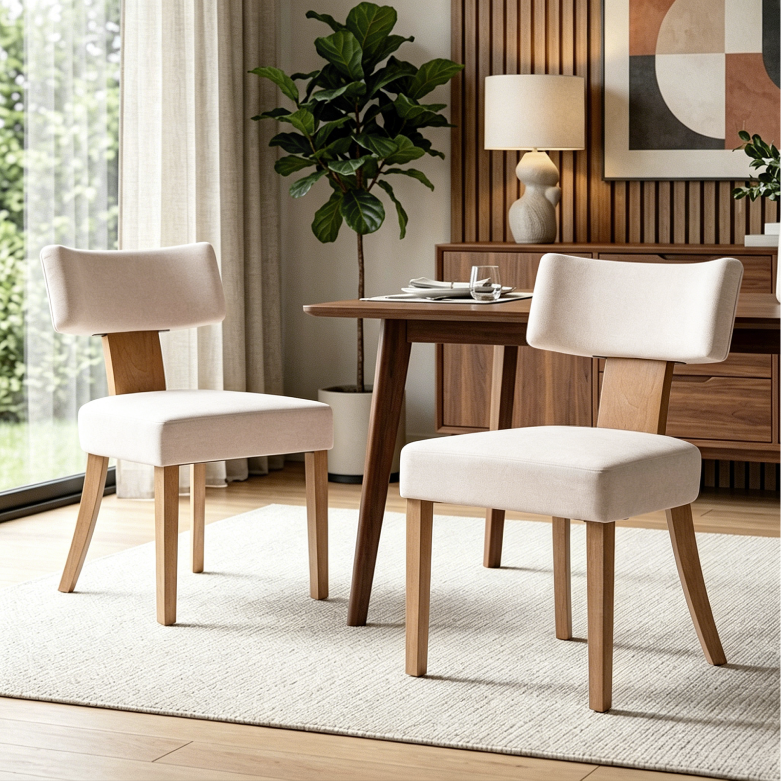 Firmoz Minimalist Chenille Dining Chairs with Rubberwood Legs & T-Back Design