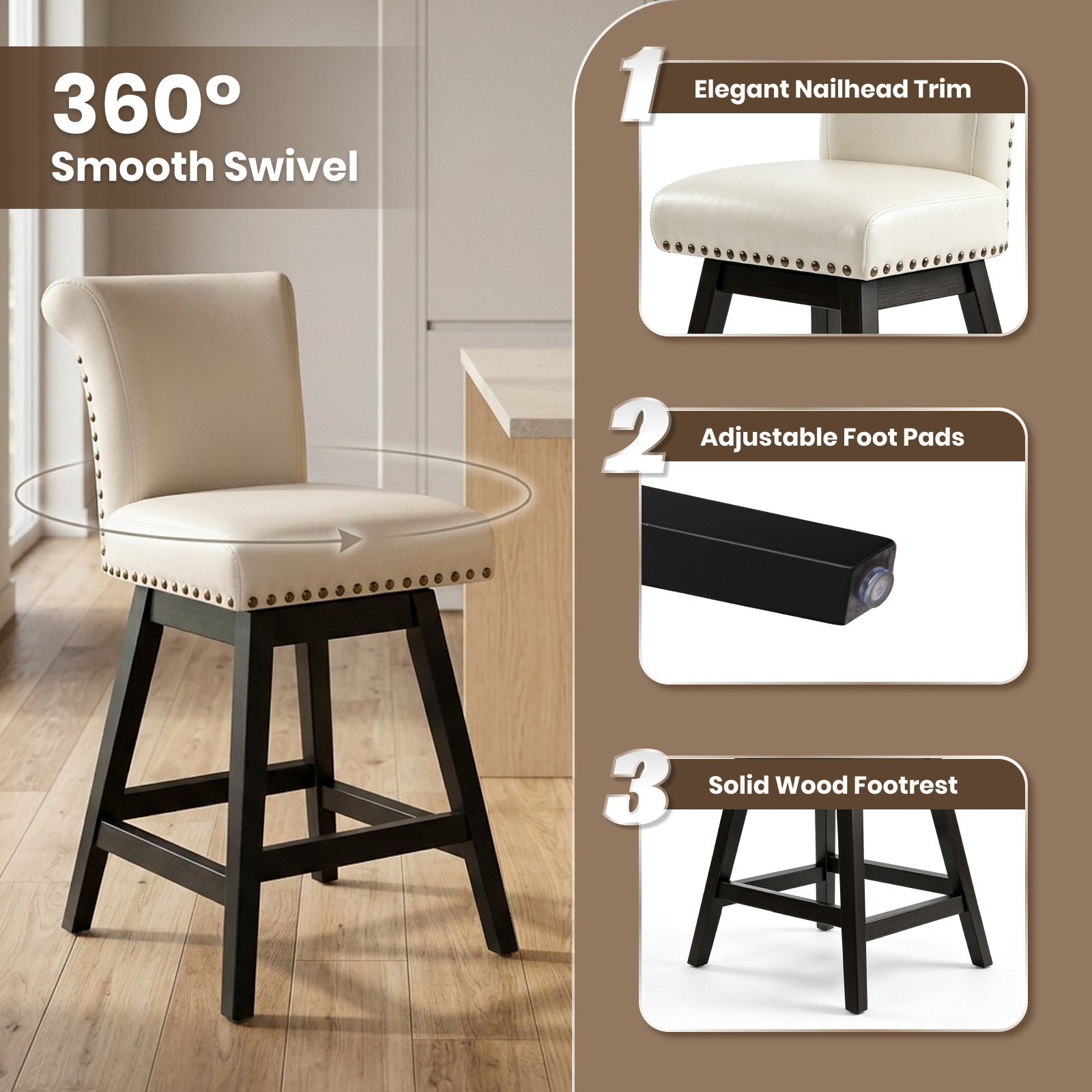 Firmoz Vintage Wingback Swivel Bar Stools with Nailhead Trim & Solid Wood Legs