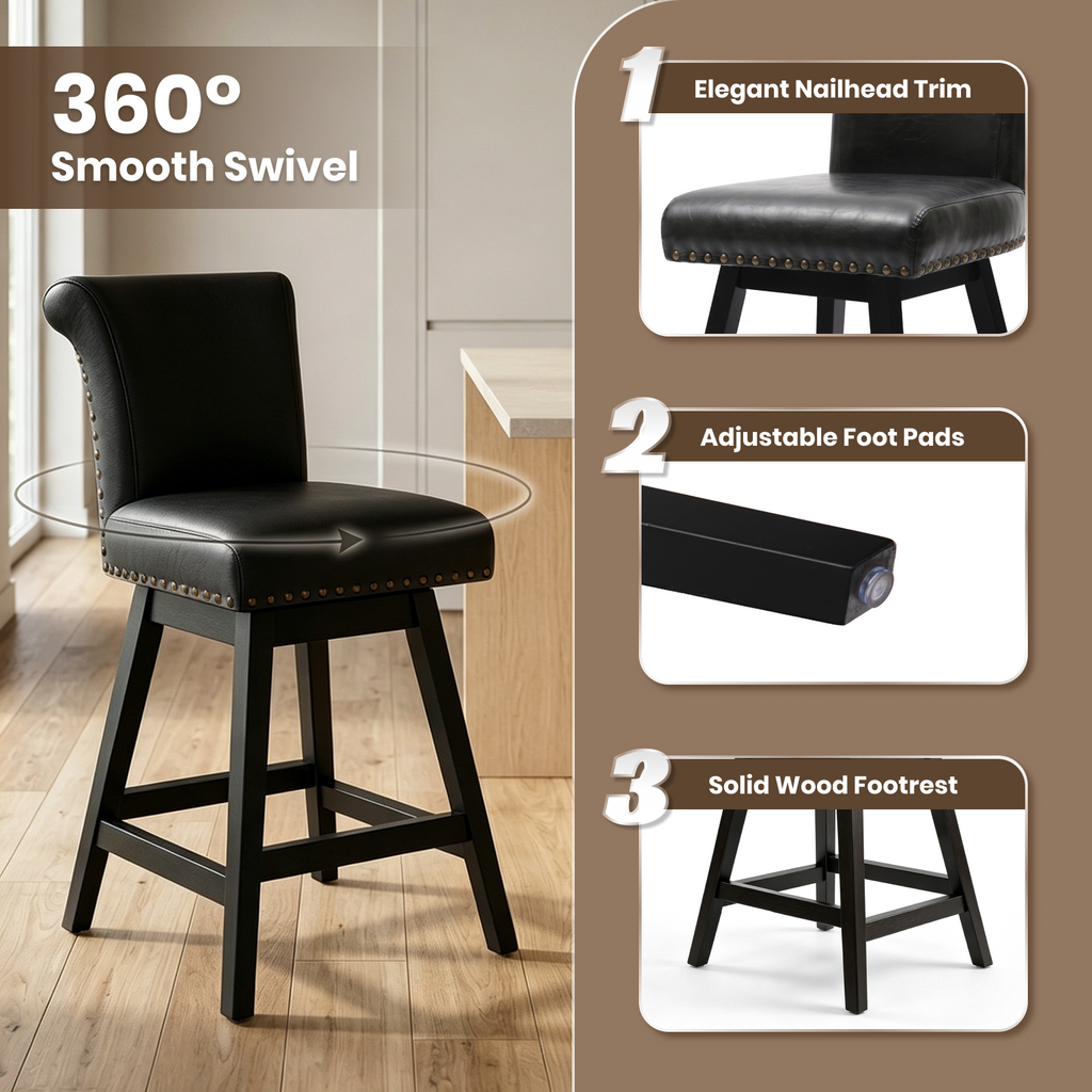 Firmoz Vintage Wingback Swivel Bar Stools with Nailhead Trim & Solid Wood Legs