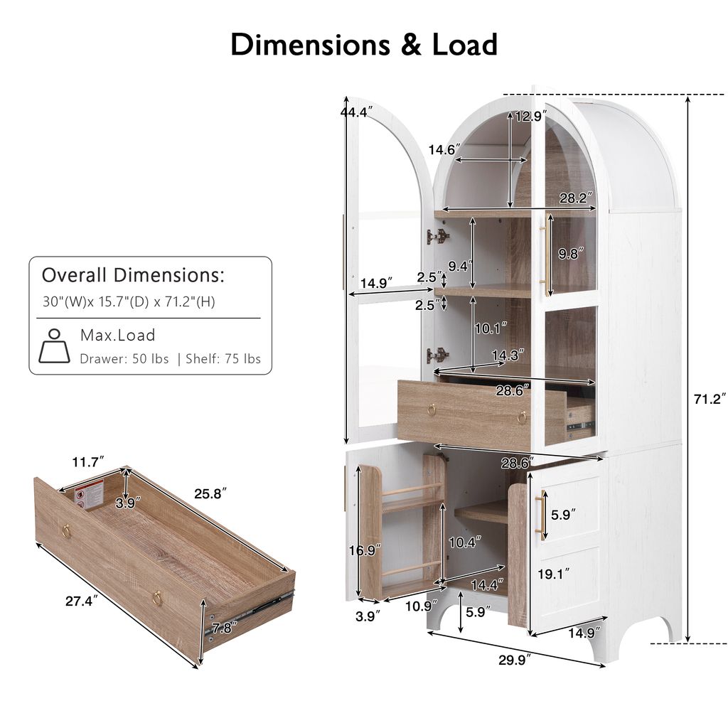 71" Tall Arched Farmhouse Kitchen Pantry Cabinet with Door Shelves