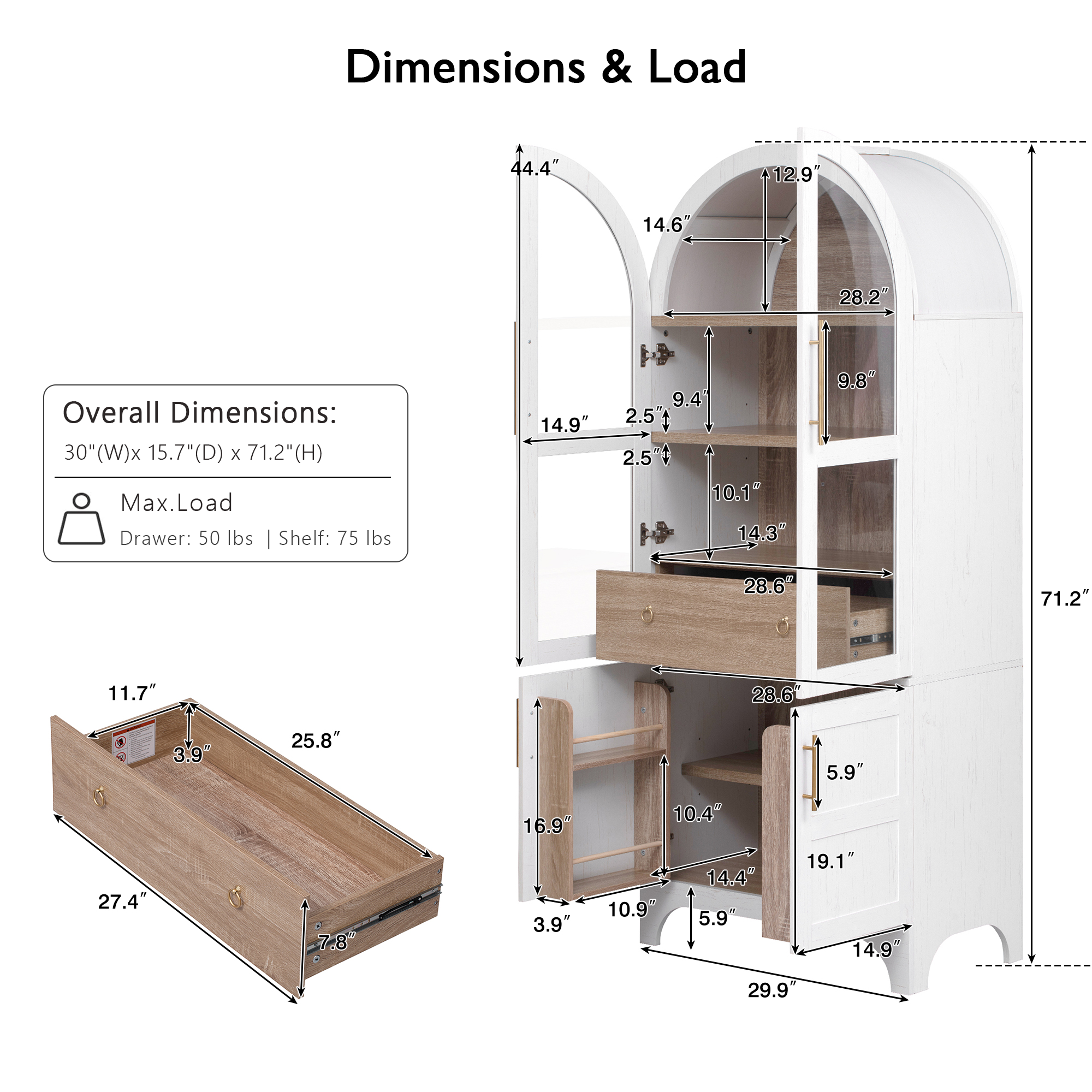 71" Tall Arched Farmhouse Kitchen Pantry Cabinet with Door Shelves