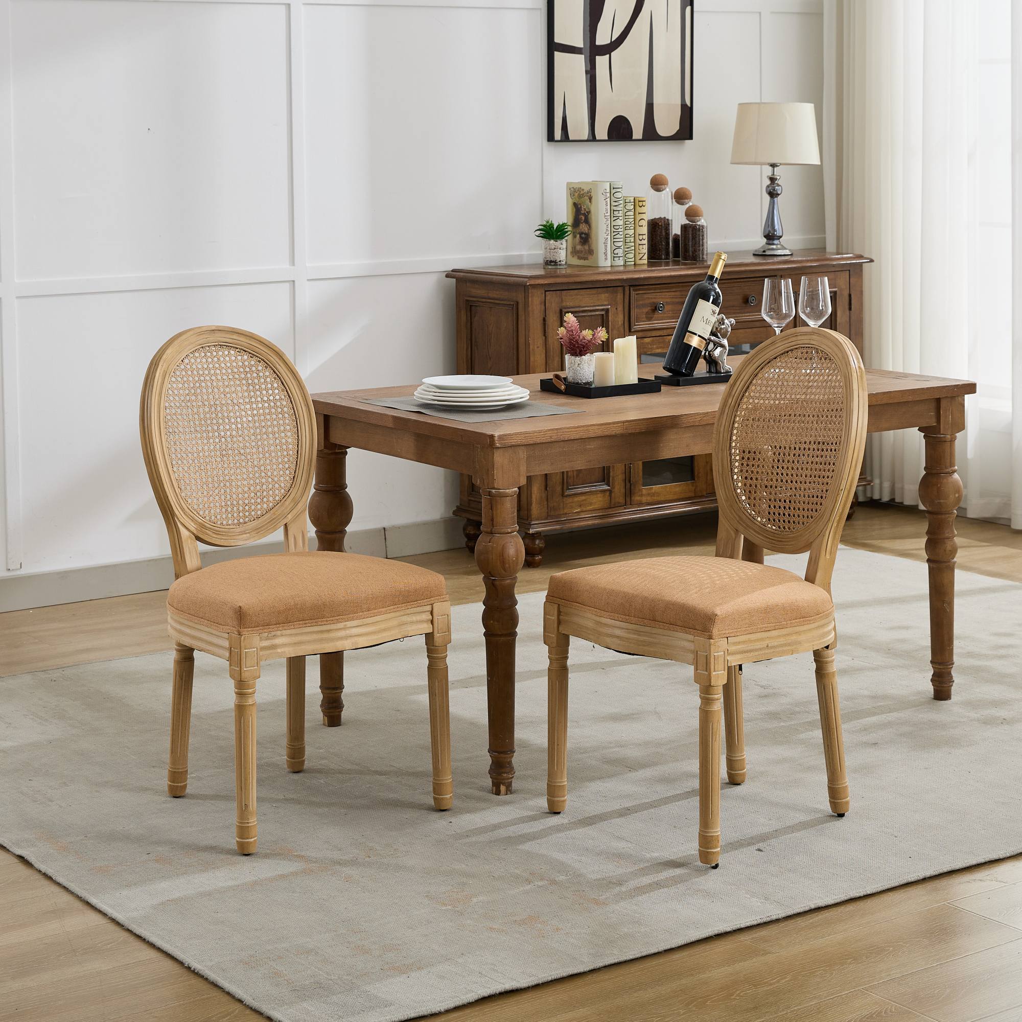 French Style Linen Fabric Rattan Back Dining Chairs (Set of 2)