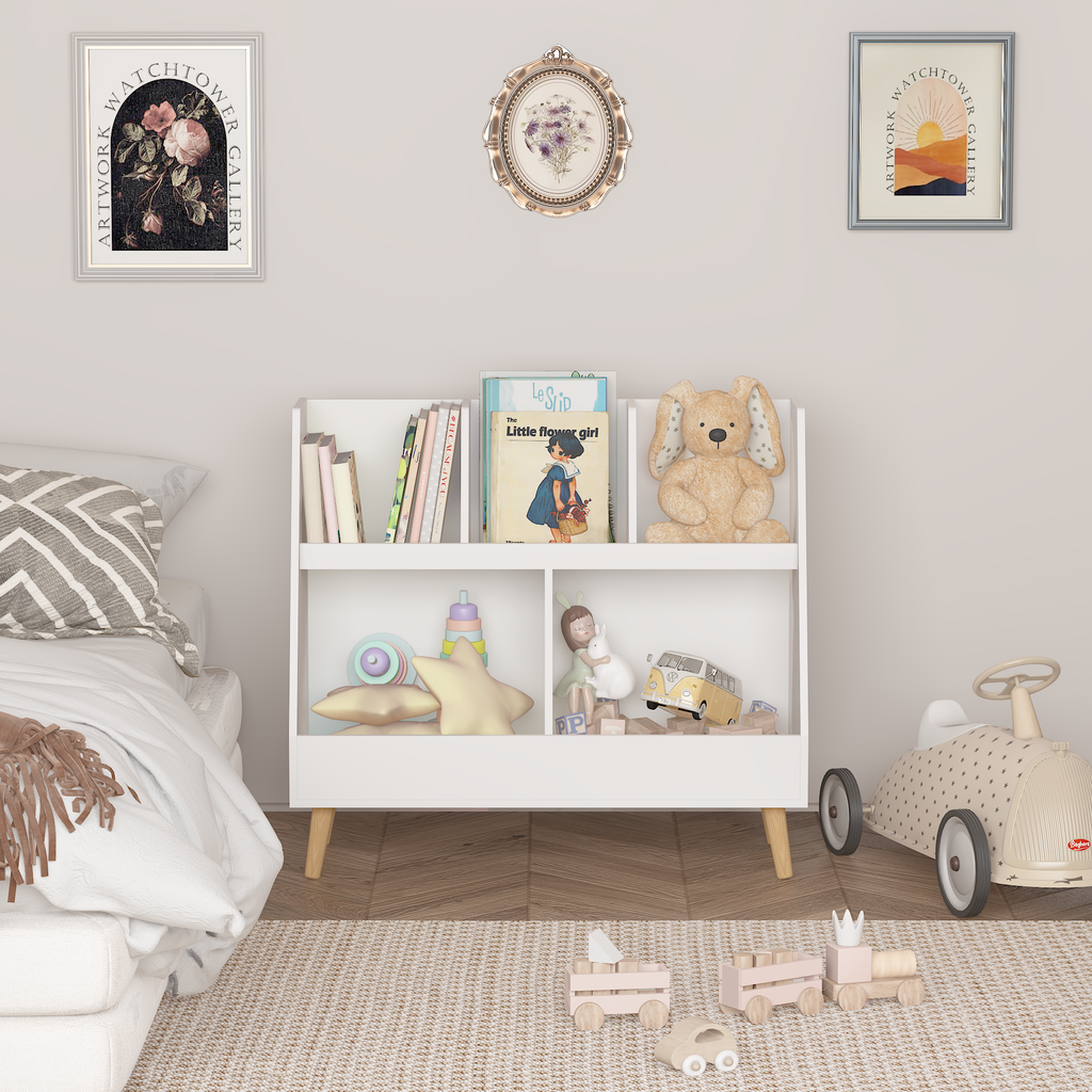 Modern Kids Bookshelf and Toy Organizer with White MDF and Pine Legs
