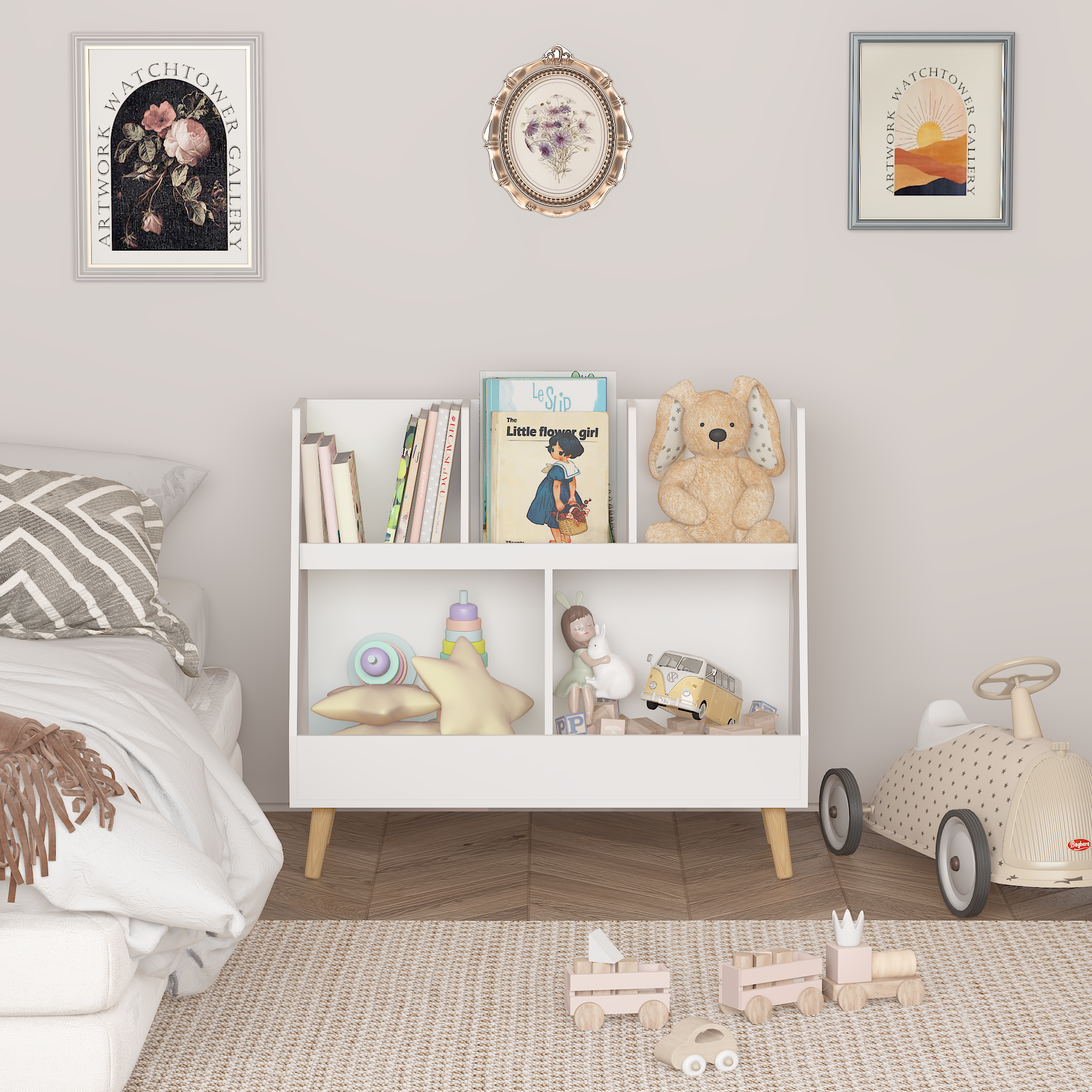 Modern Kids Bookshelf and Toy Organizer with White MDF and Pine Legs