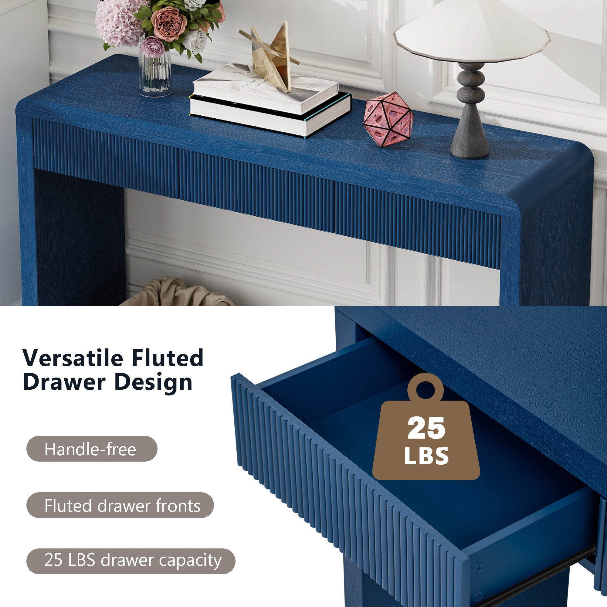 Rustic Solid Wood Veneer Entryway Table with 3 Fluted Drawers