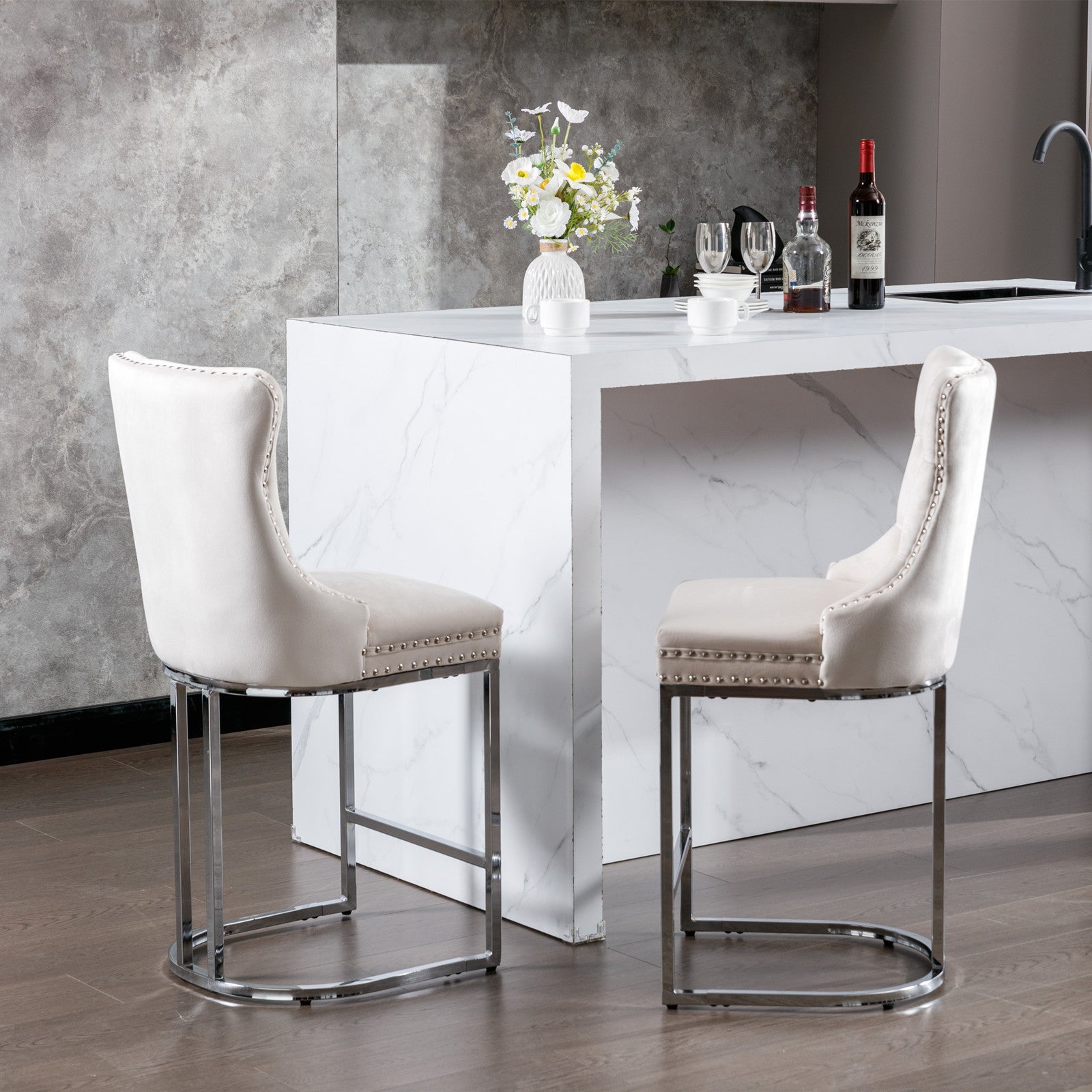 Luxury Elegant Nailhead Trim Tufted Velvet Bar Stools (Set of 2)