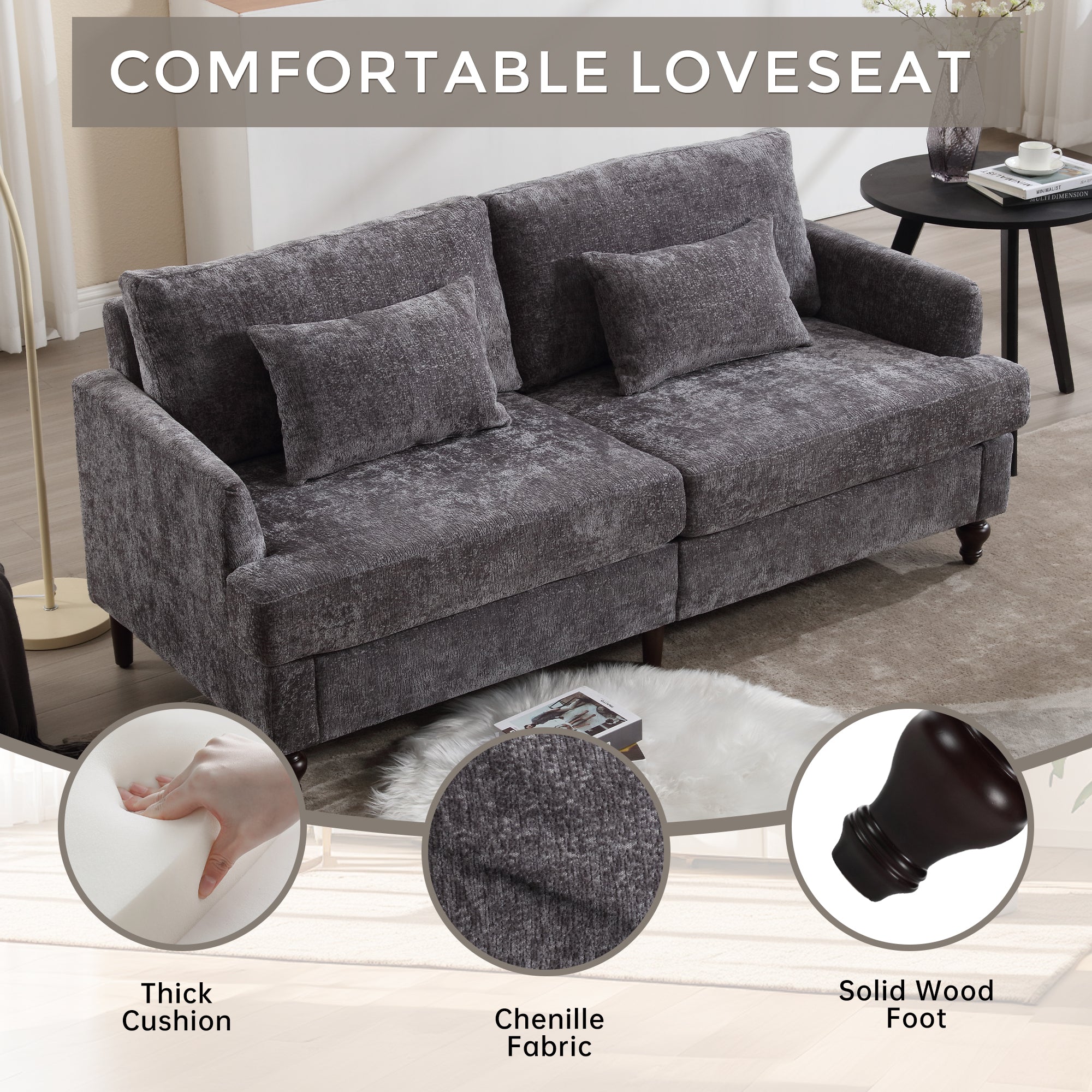 Mid Century Modern Chenille Fabric Loveseat Sofa
