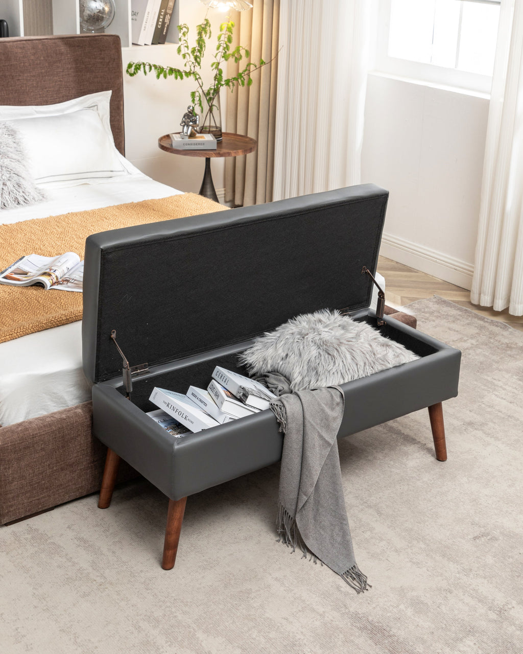 Brown PU Leather Storage Bench