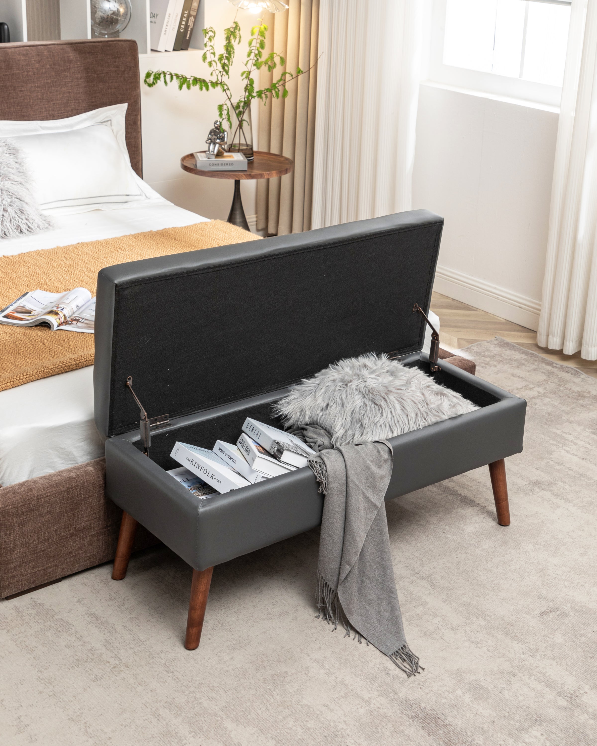 Brown PU Leather Storage Bench