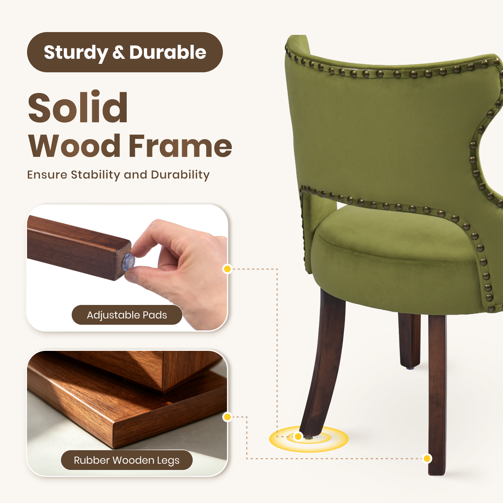 Firmoz Mid-Century Modern Upholstered Dining Chairs with Rubberwood Legs & Nailhead Trim