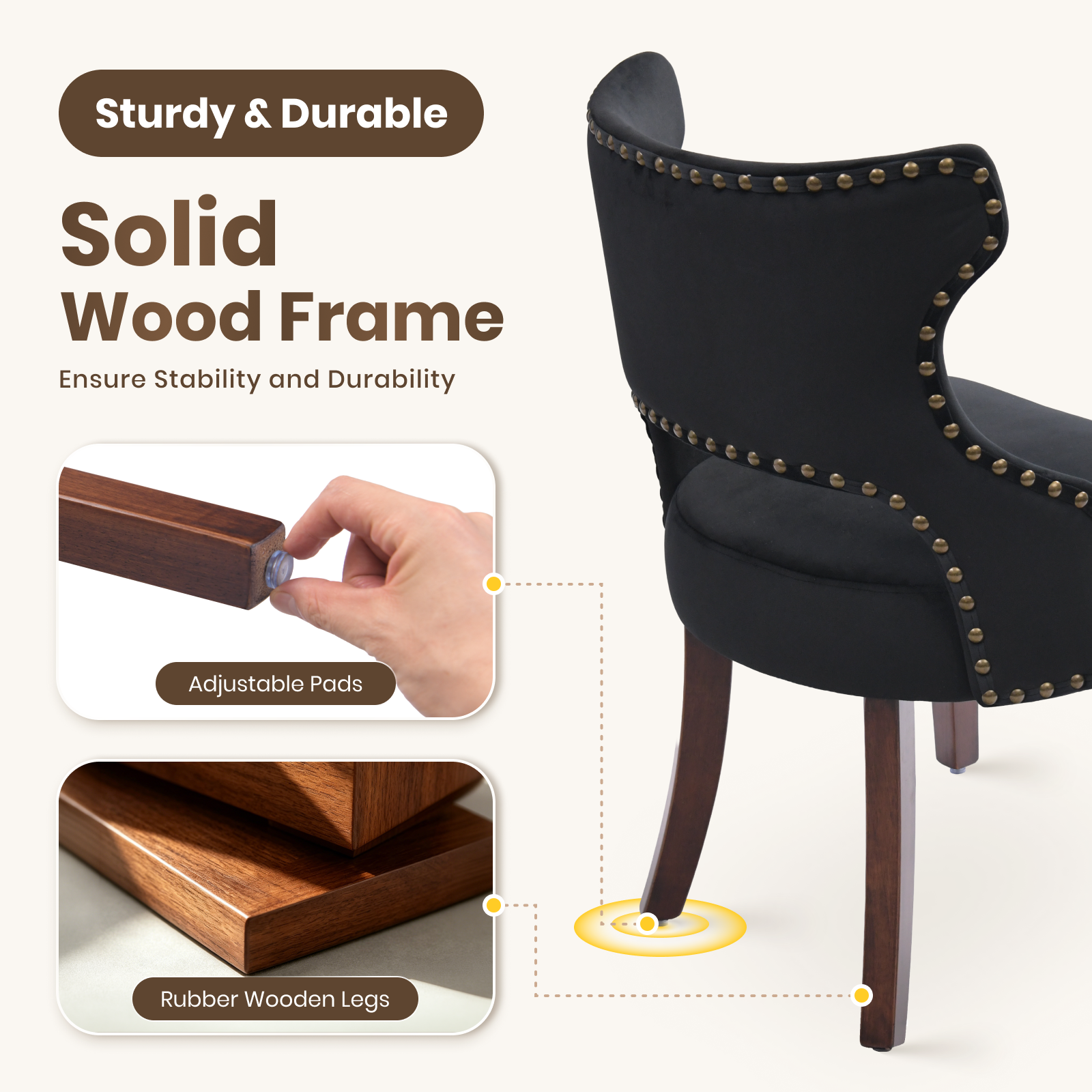 Firmoz Mid-Century Modern Upholstered Dining Chairs with Rubberwood Legs & Nailhead Trim