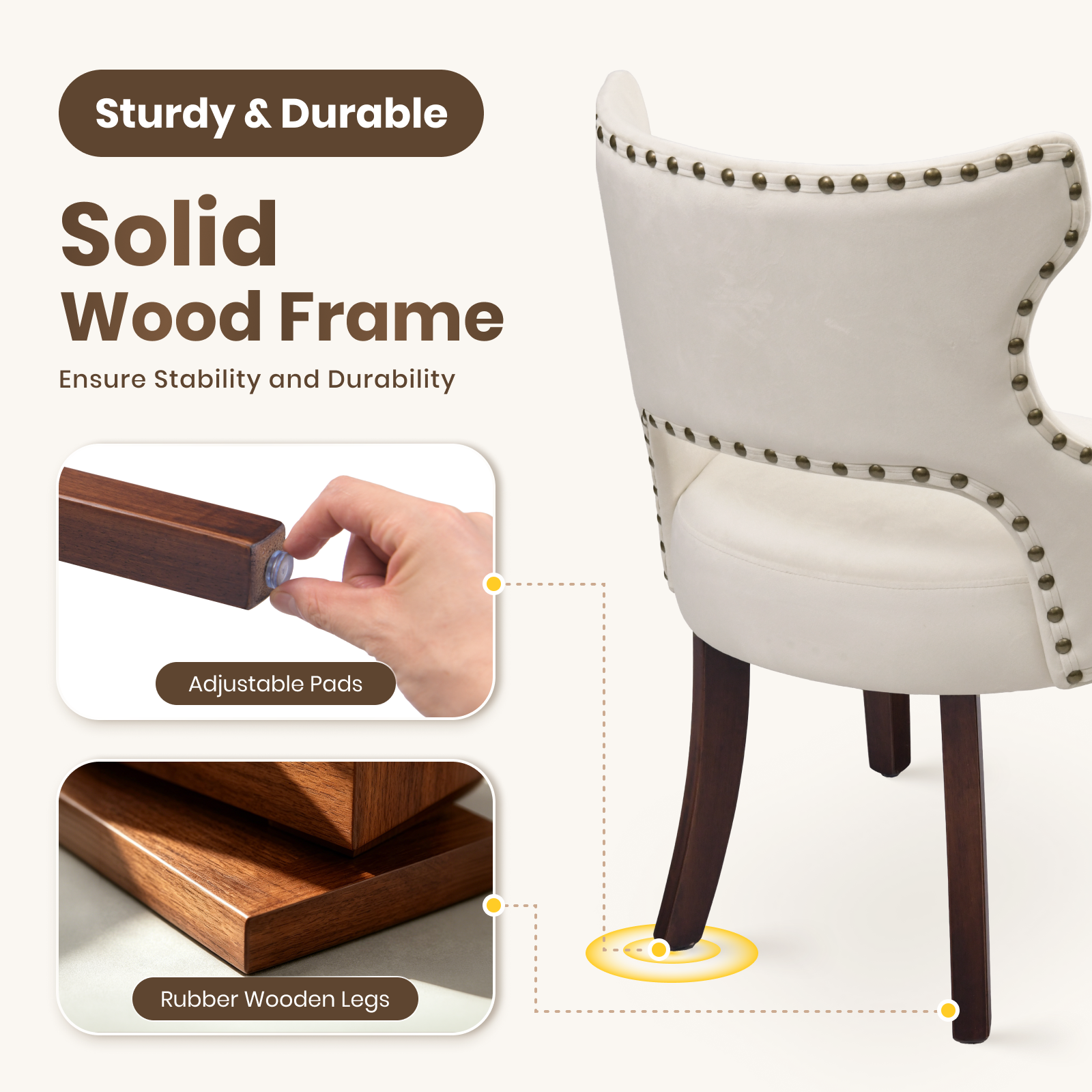 Firmoz Mid-Century Modern Upholstered Dining Chairs with Rubberwood Legs & Nailhead Trim