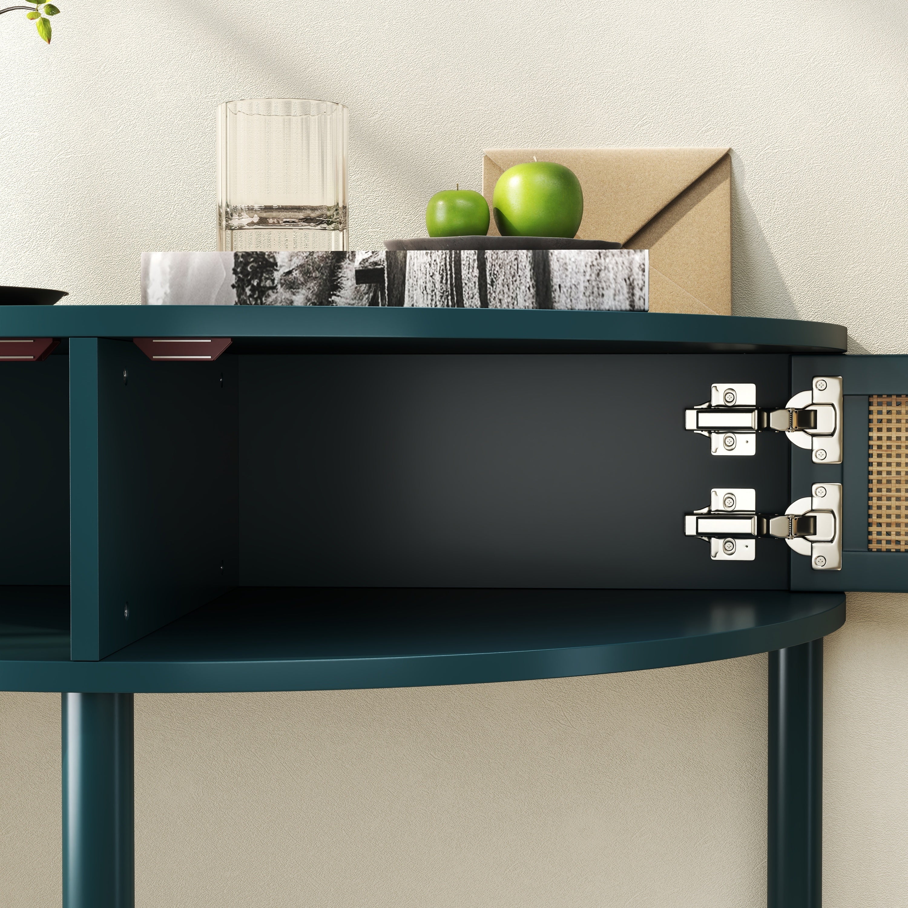 Rattan Semi Circle End Table with 2 Rattan Storage Cabinet