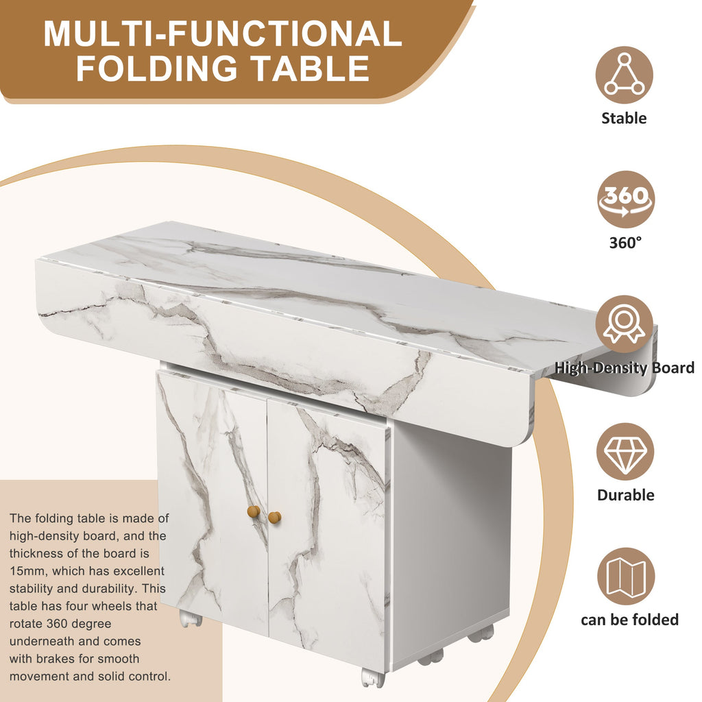 Versatile 47' White Marble MDF Folding Dining Table with Storage Rack and Cabinet