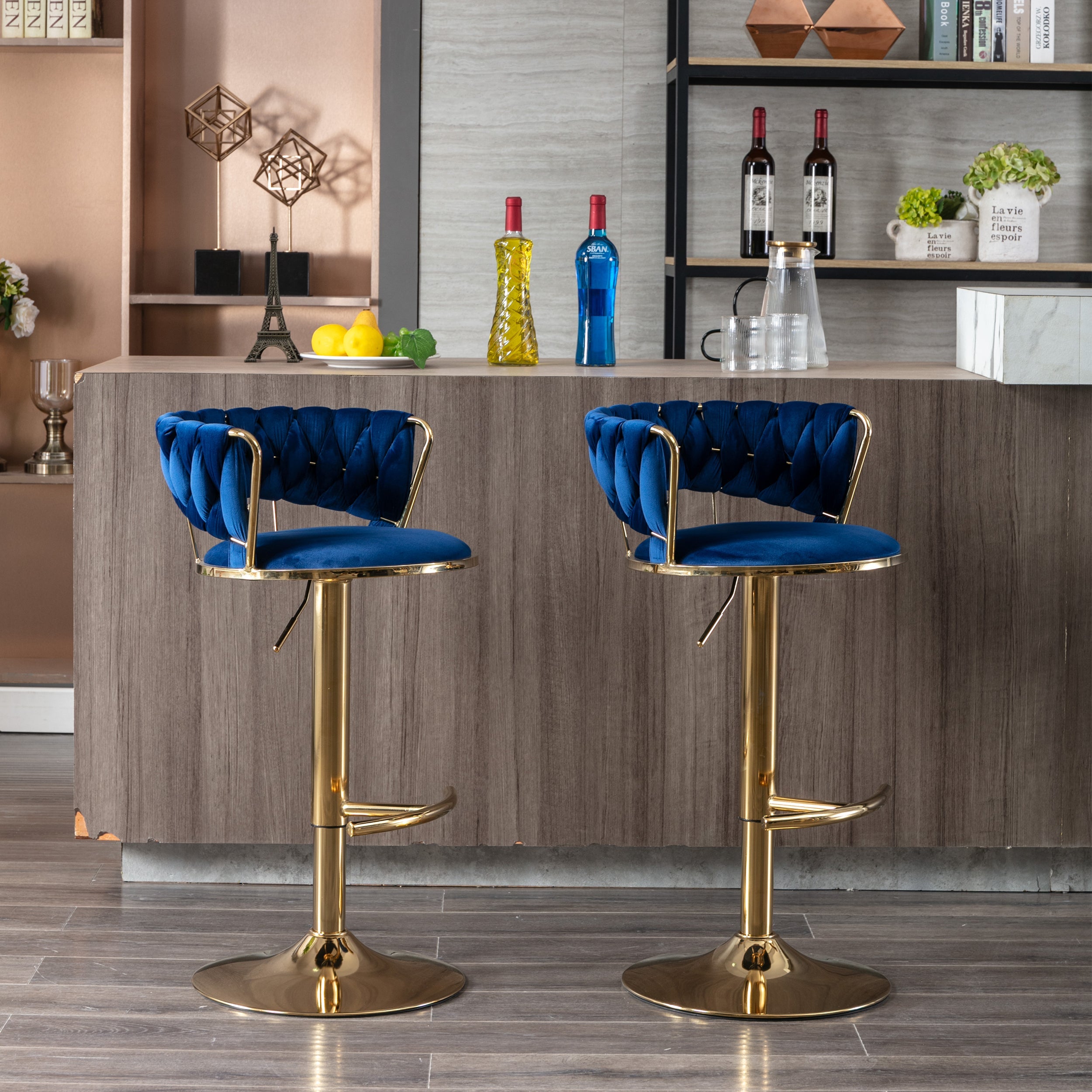 Swivel Height Adjustable Velvet Bar Stools with Golden Leg (Set of 2 )