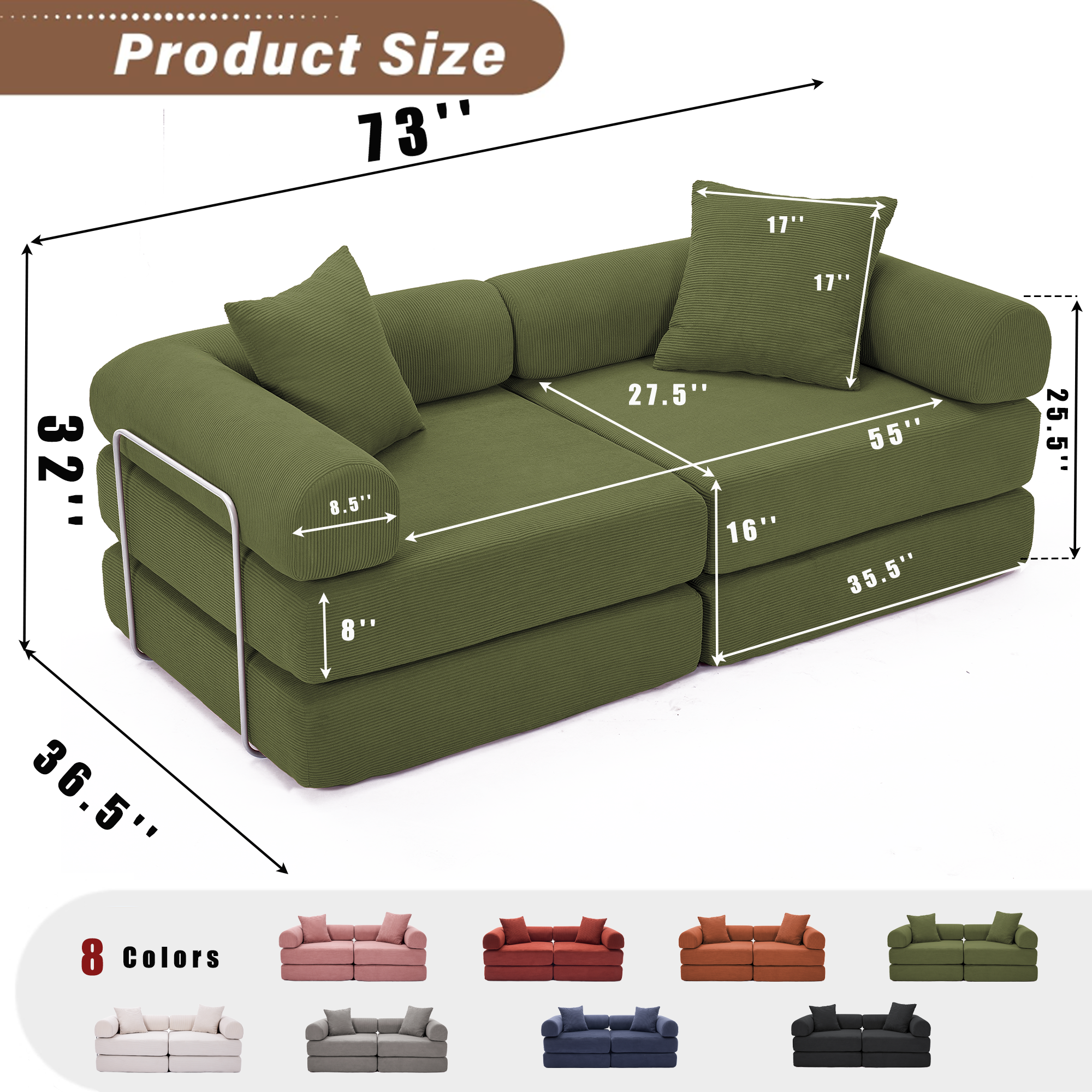 2 Seat Convertible Couch Folding Mattress Couch Sofa Bed
