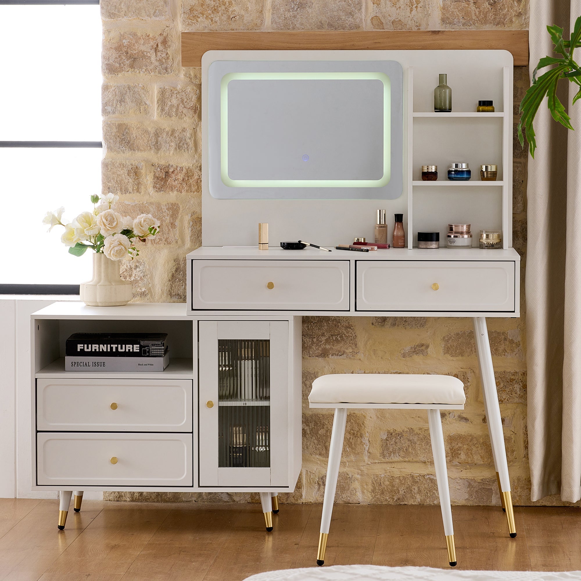Modern Makeup Vanity Desk with Mirror and Lights