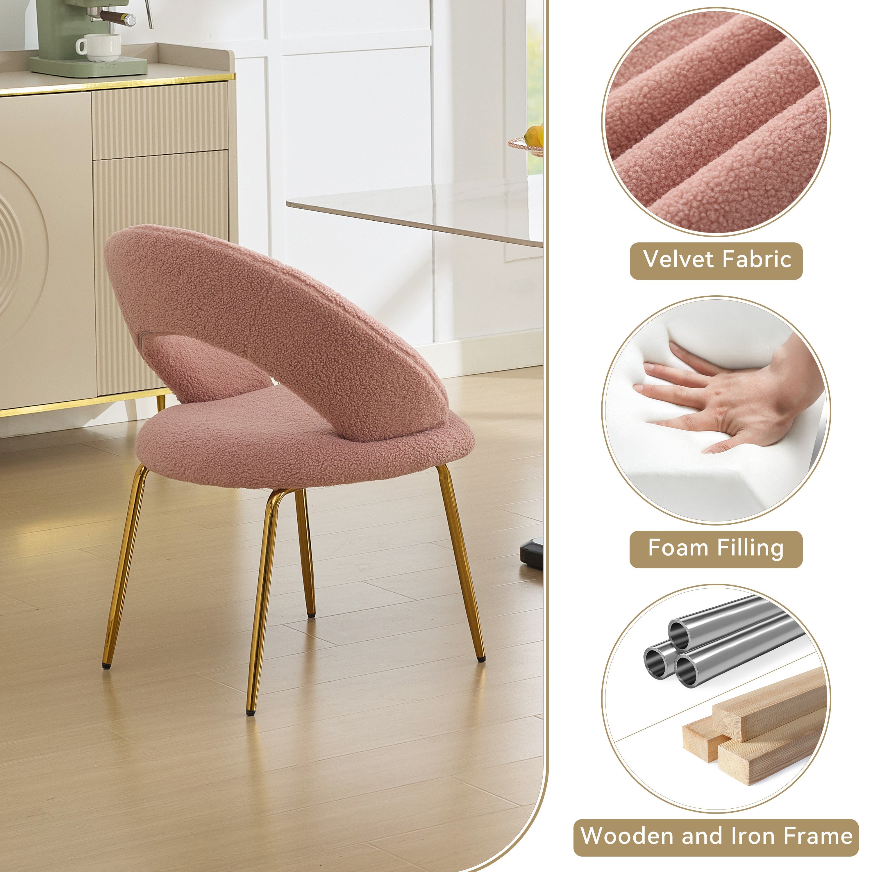 Velvet/Teddy Fabric Dining Chairs with Curved Backrest