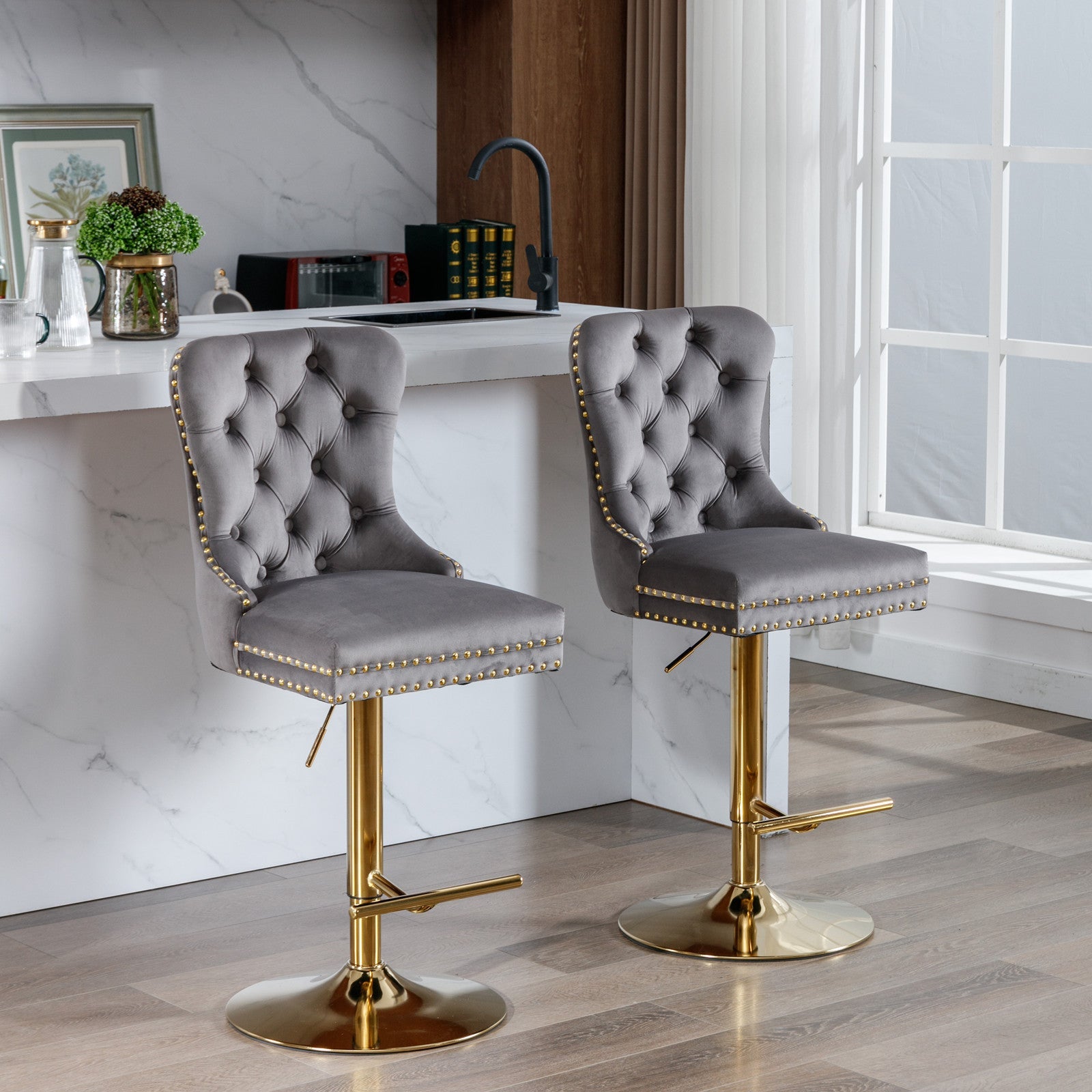 Modern Upholstered Velvet Bar Stools (Set of 2)