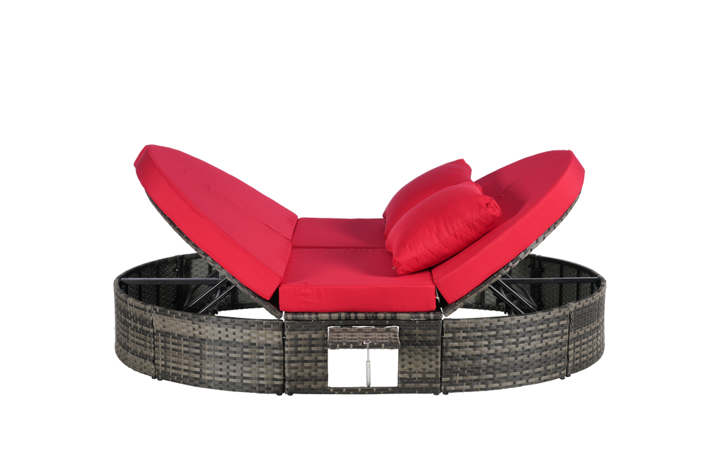 Round outdoor patio daybed with adjustable backrests foldable cup trays and cushioned wicker design ideal for backyard and poolside lounging