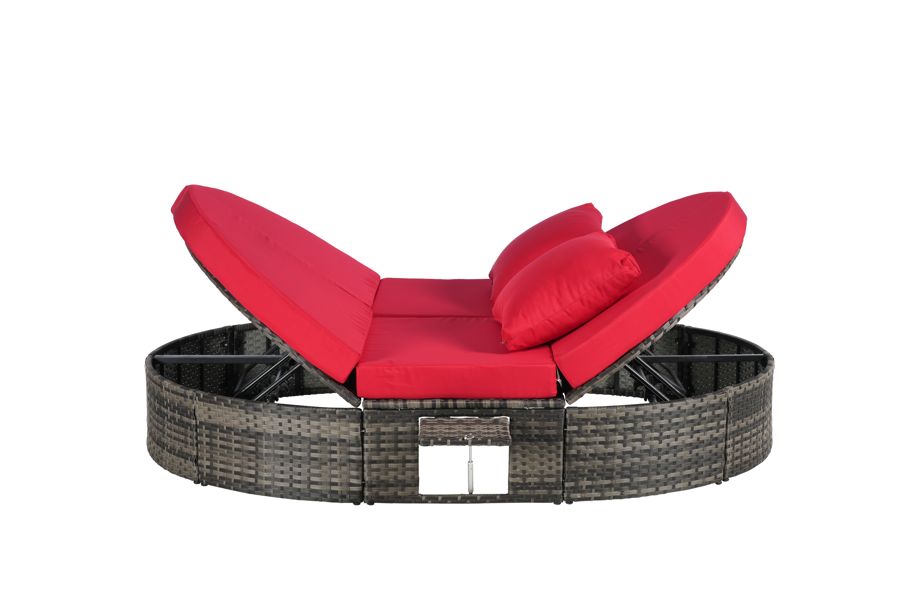 Round outdoor patio daybed with adjustable backrests foldable cup trays and cushioned wicker design ideal for backyard and poolside lounging