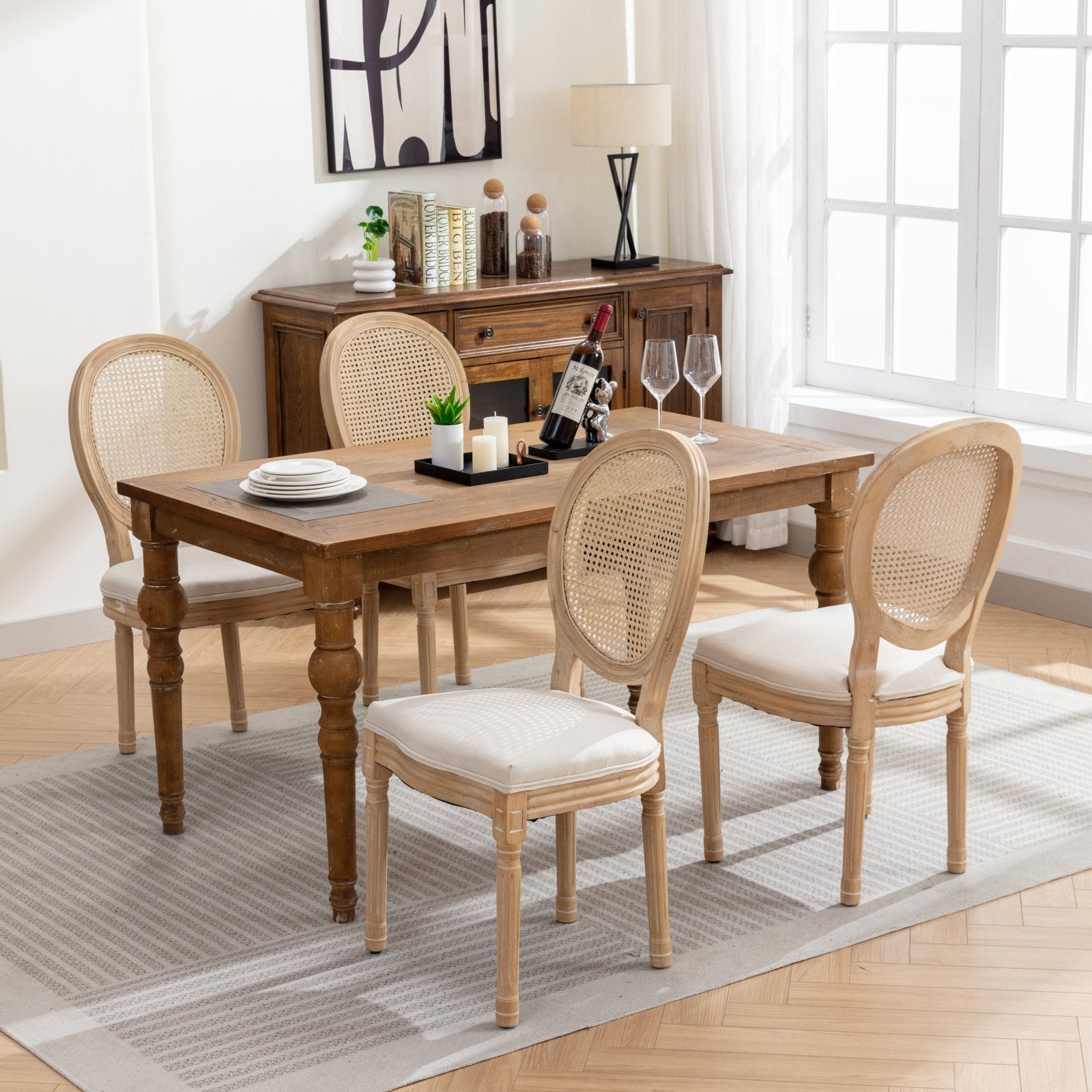 French Style Linen Fabric Rattan Back Dining Chairs (Set of 2)