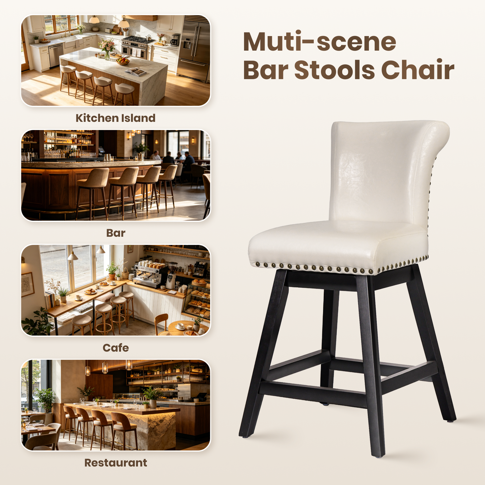 Firmoz Vintage Wingback Swivel Bar Stools with Nailhead Trim & Solid Wood Legs