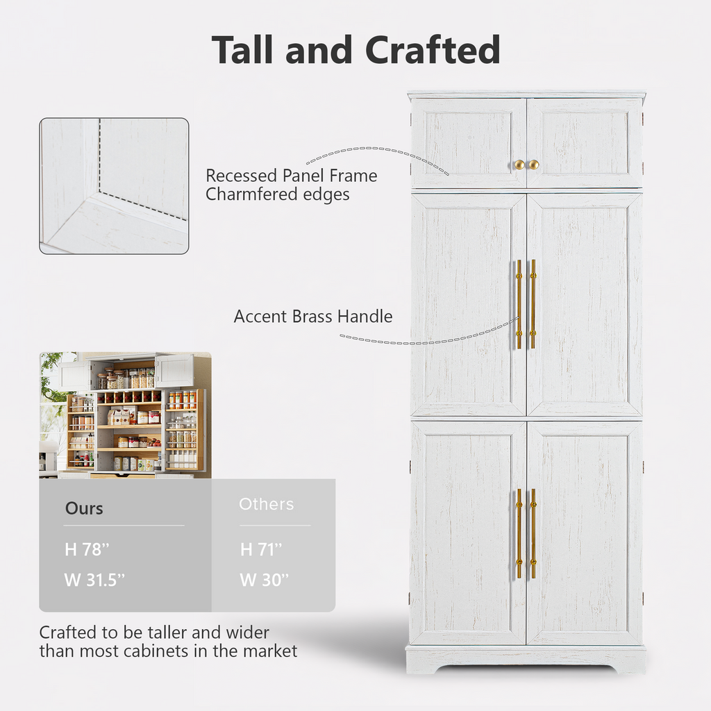 78" Tall Farmhouse Kitchen Pantry Cabinet with Shelves Drawer Wine Rack