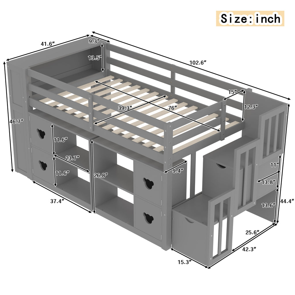Kids Twin Loft Bed with Storage Cabinets