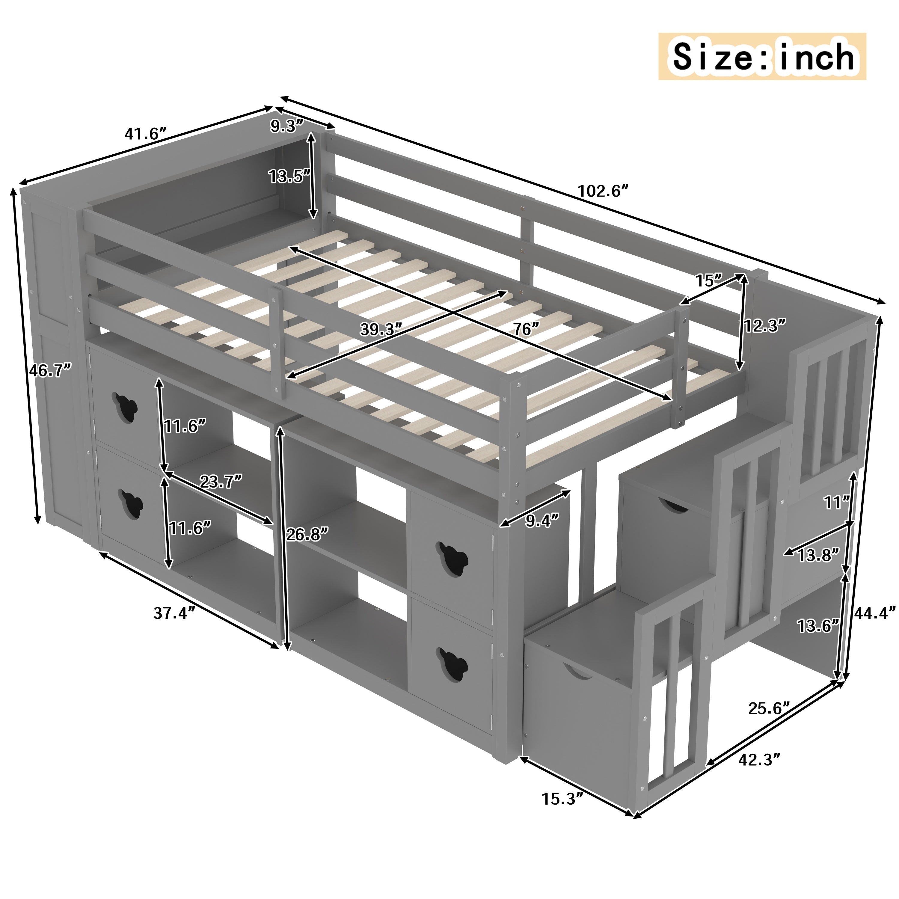 Kids Twin Loft Bed with Storage Cabinets